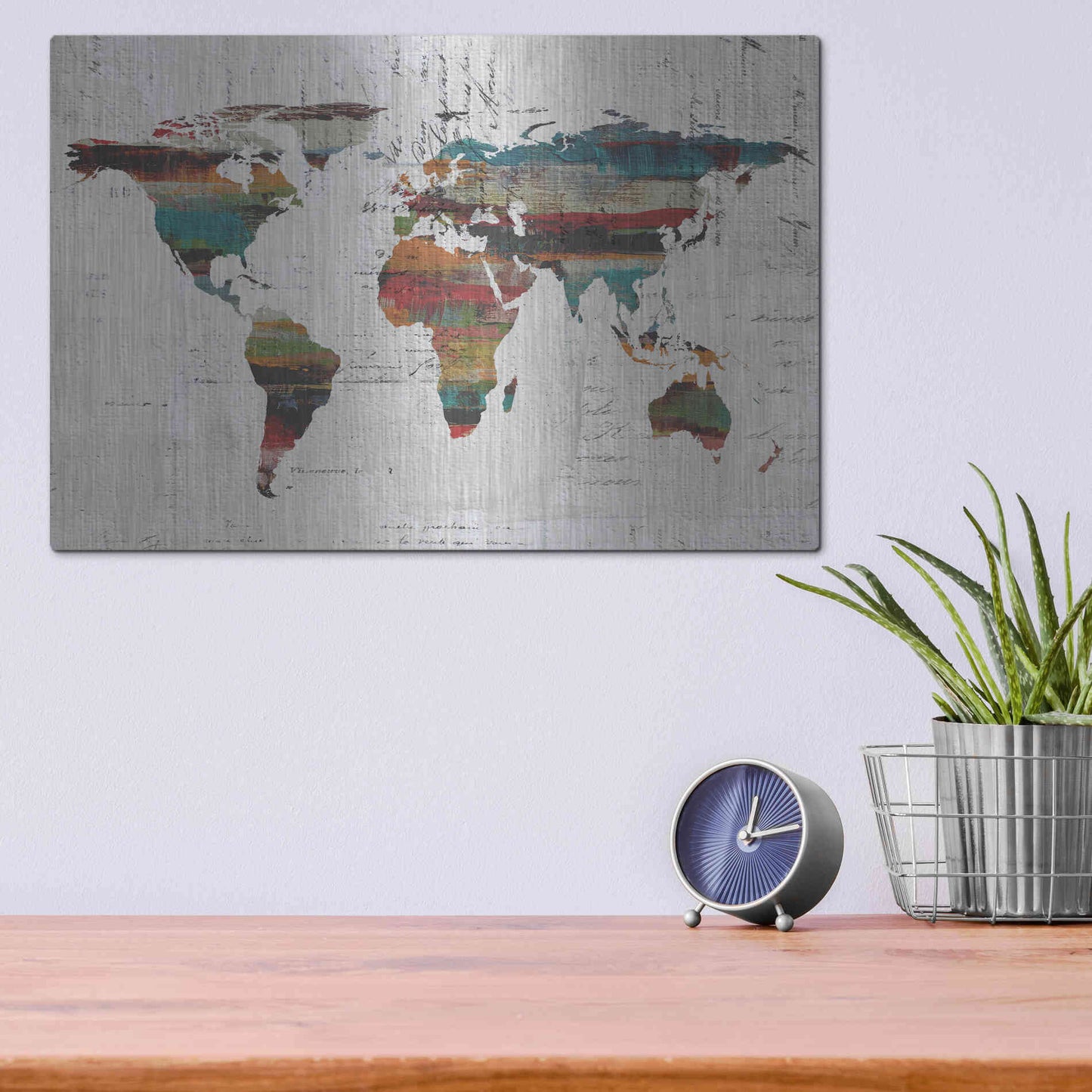 Luxe Metal Art 'Painted World Map IV' by Irena Orlov, Metal Wall Art,16x12