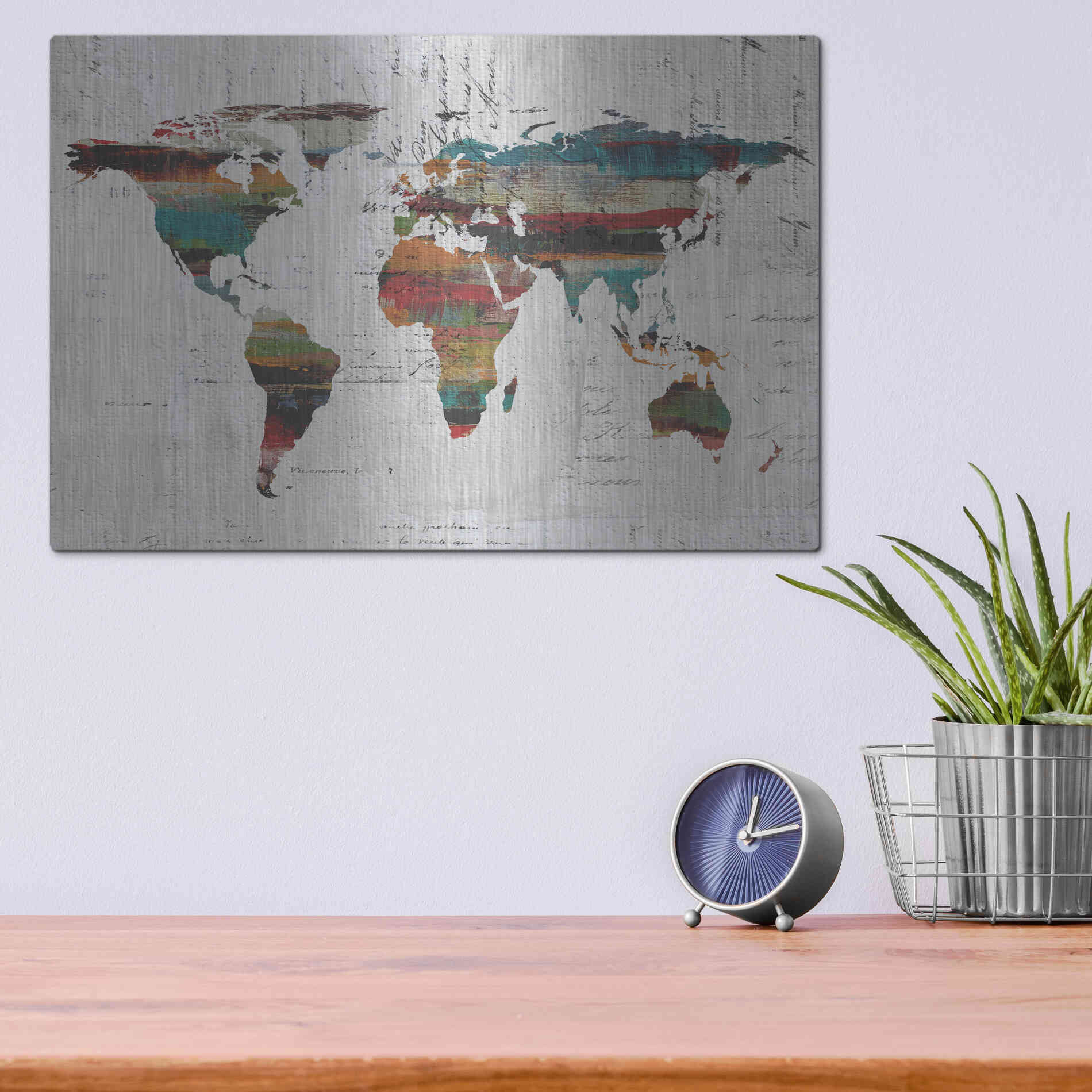 Luxe Metal Art 'Painted World Map IV' by Irena Orlov, Metal Wall Art,16x12