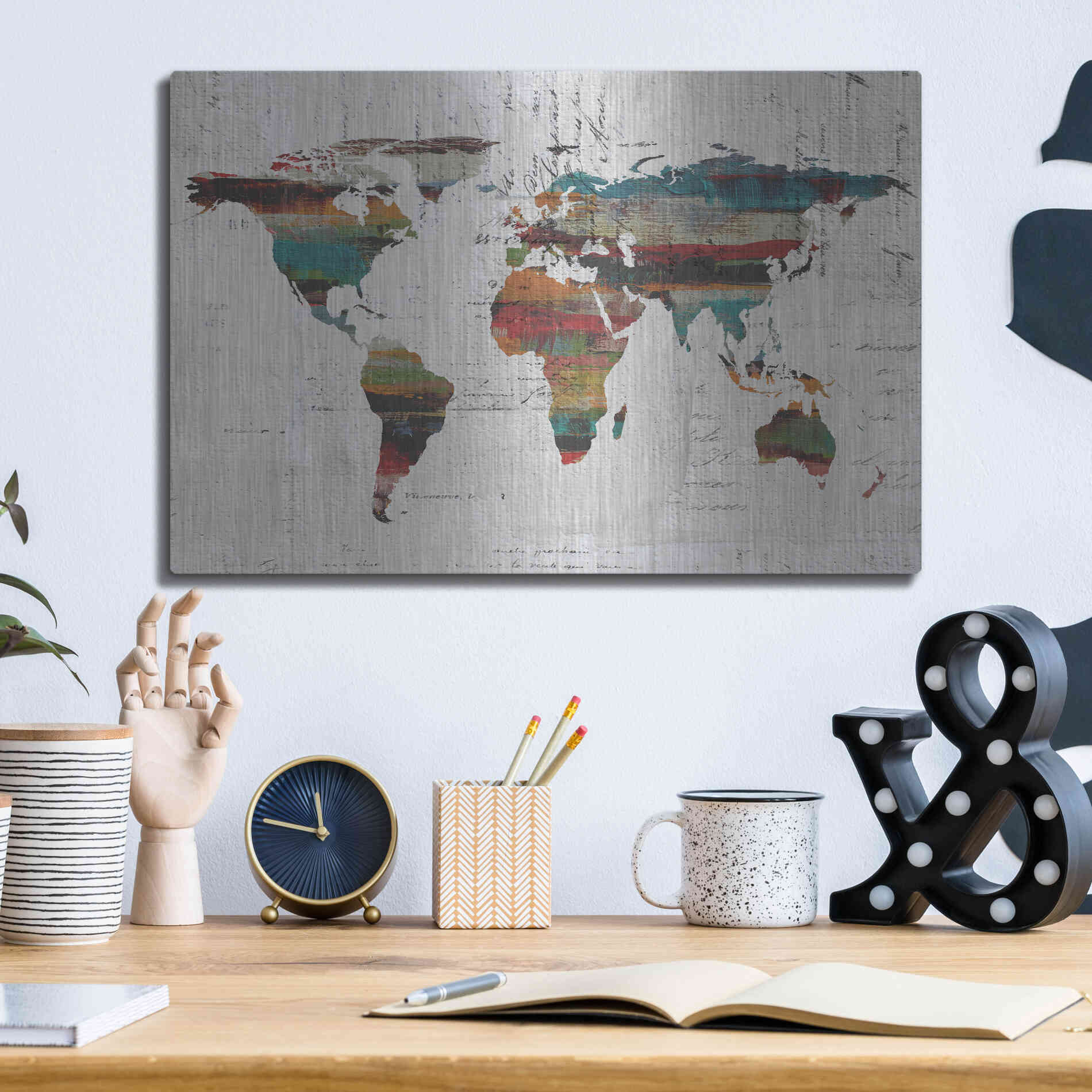 Luxe Metal Art 'Painted World Map IV' by Irena Orlov, Metal Wall Art,16x12