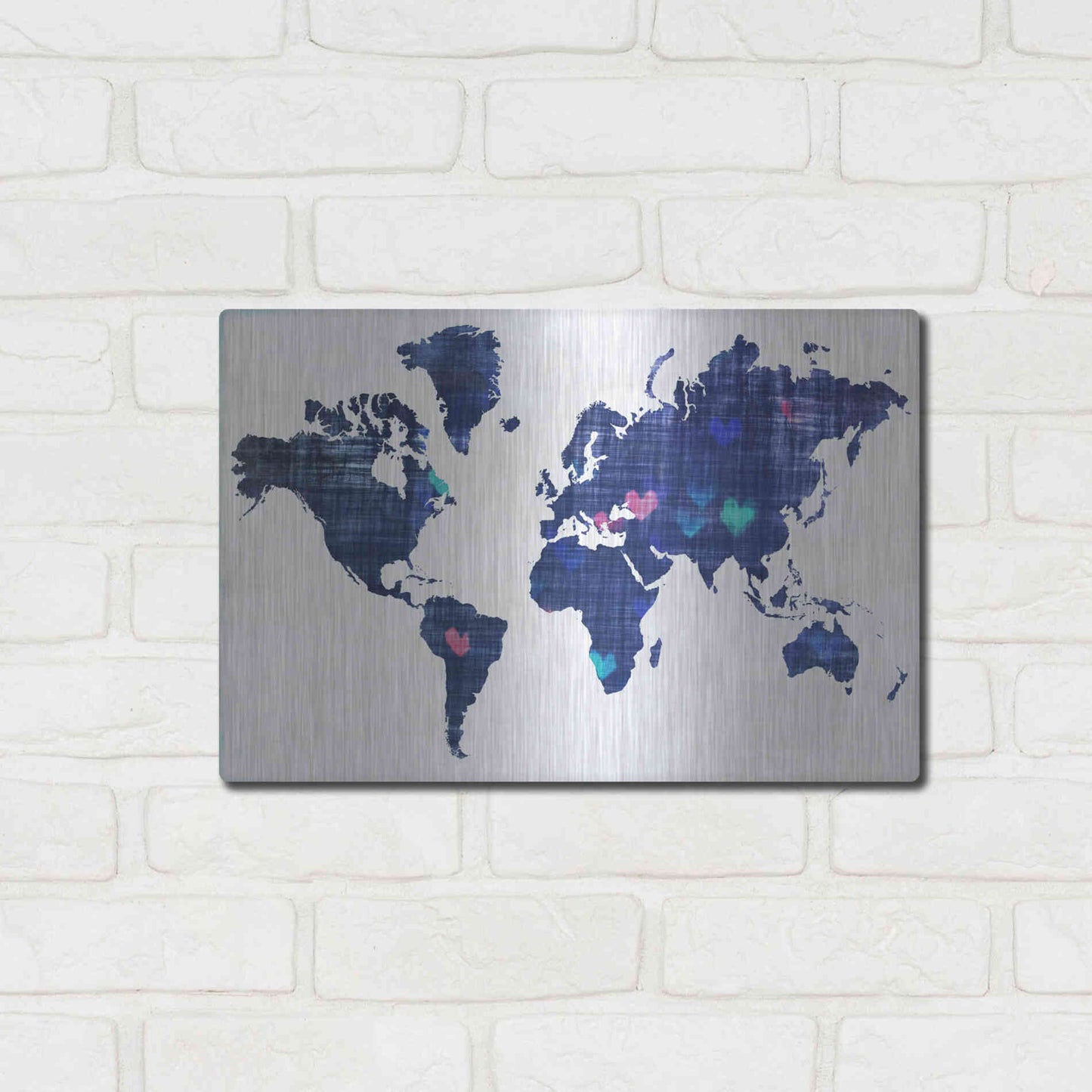 Luxe Metal Art 'Hearts World Map 3' by Irena Orlov, Metal Wall Art,16x12