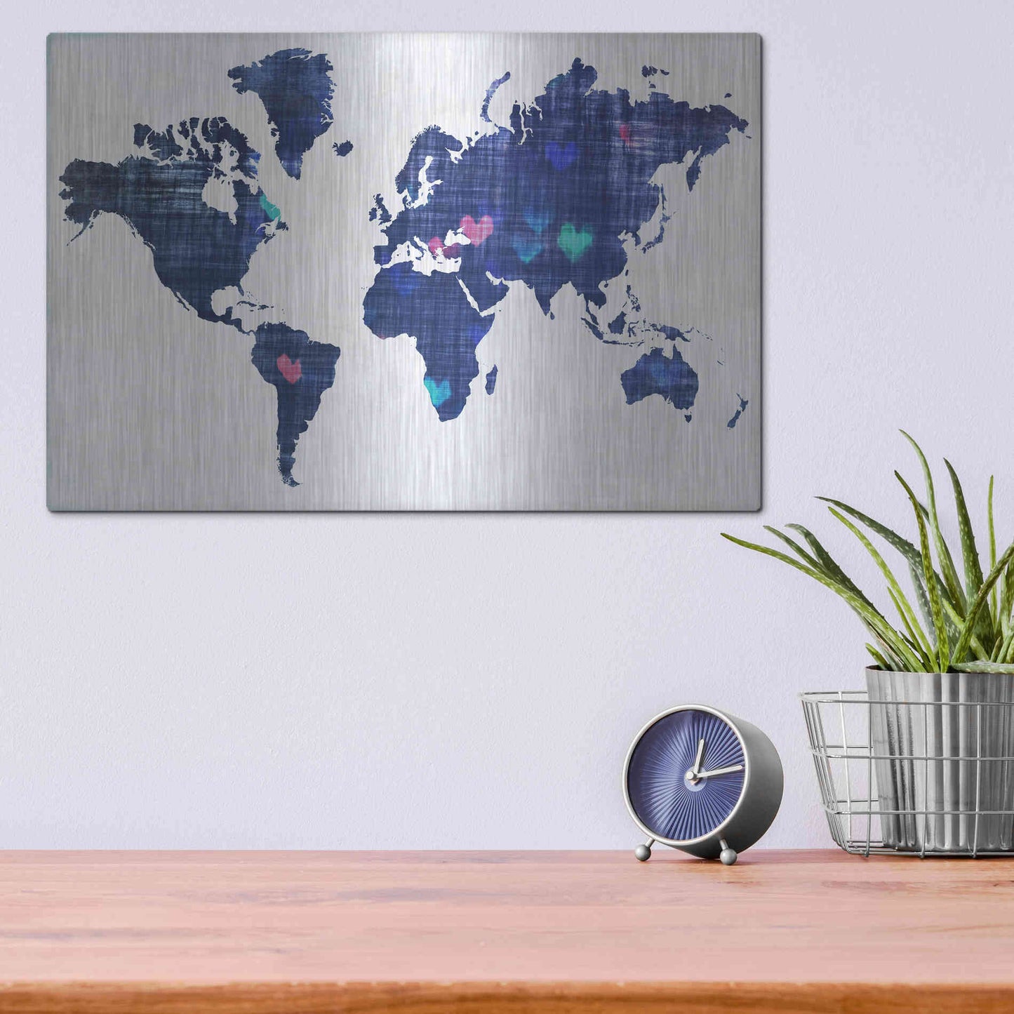 Luxe Metal Art 'Hearts World Map 3' by Irena Orlov, Metal Wall Art,16x12