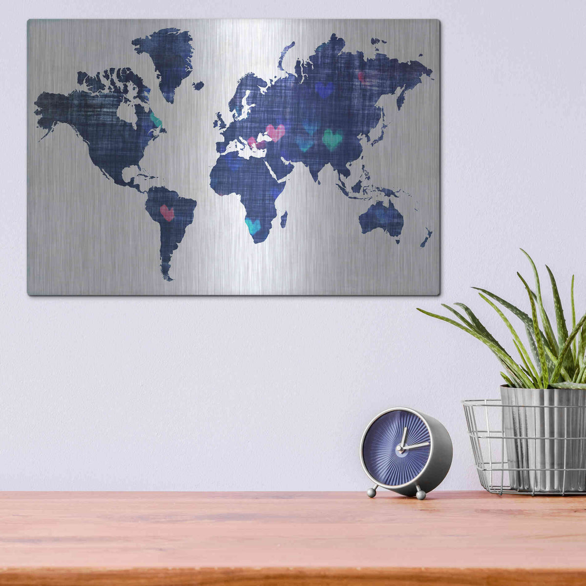 Luxe Metal Art 'Hearts World Map 3' by Irena Orlov, Metal Wall Art,16x12