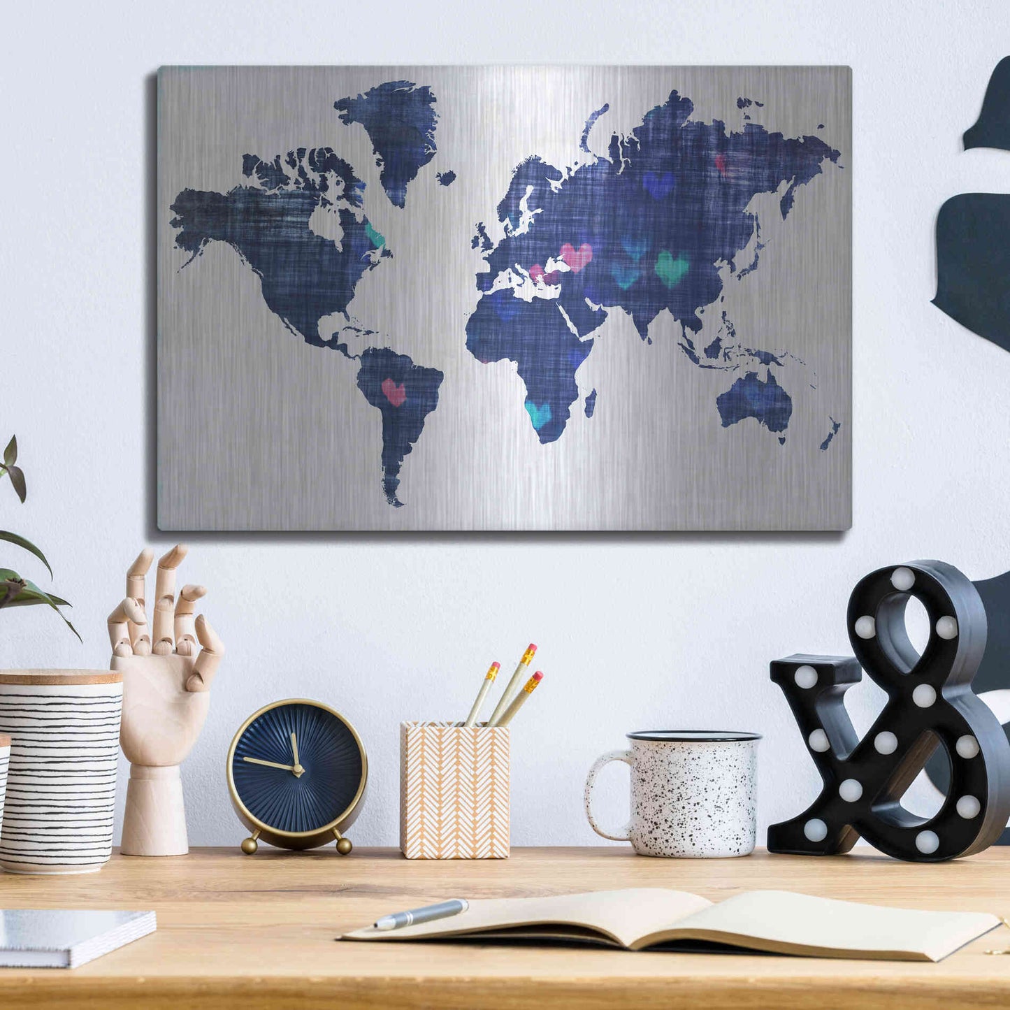 Luxe Metal Art 'Hearts World Map 3' by Irena Orlov, Metal Wall Art,16x12