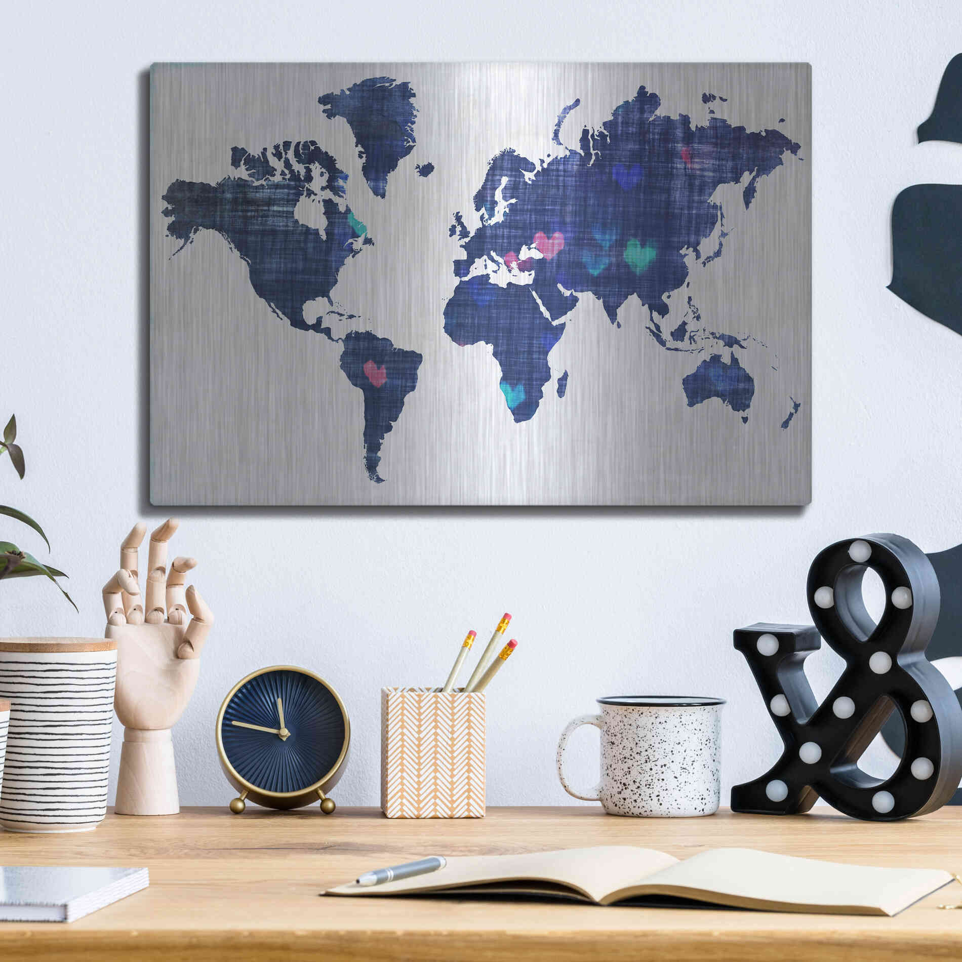 Luxe Metal Art 'Hearts World Map 3' by Irena Orlov, Metal Wall Art,16x12