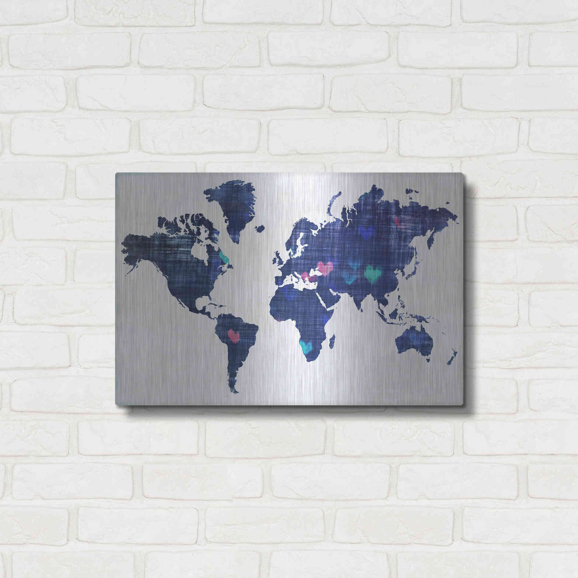 Luxe Metal Art 'Hearts World Map 3' by Irena Orlov, Metal Wall Art,24x16