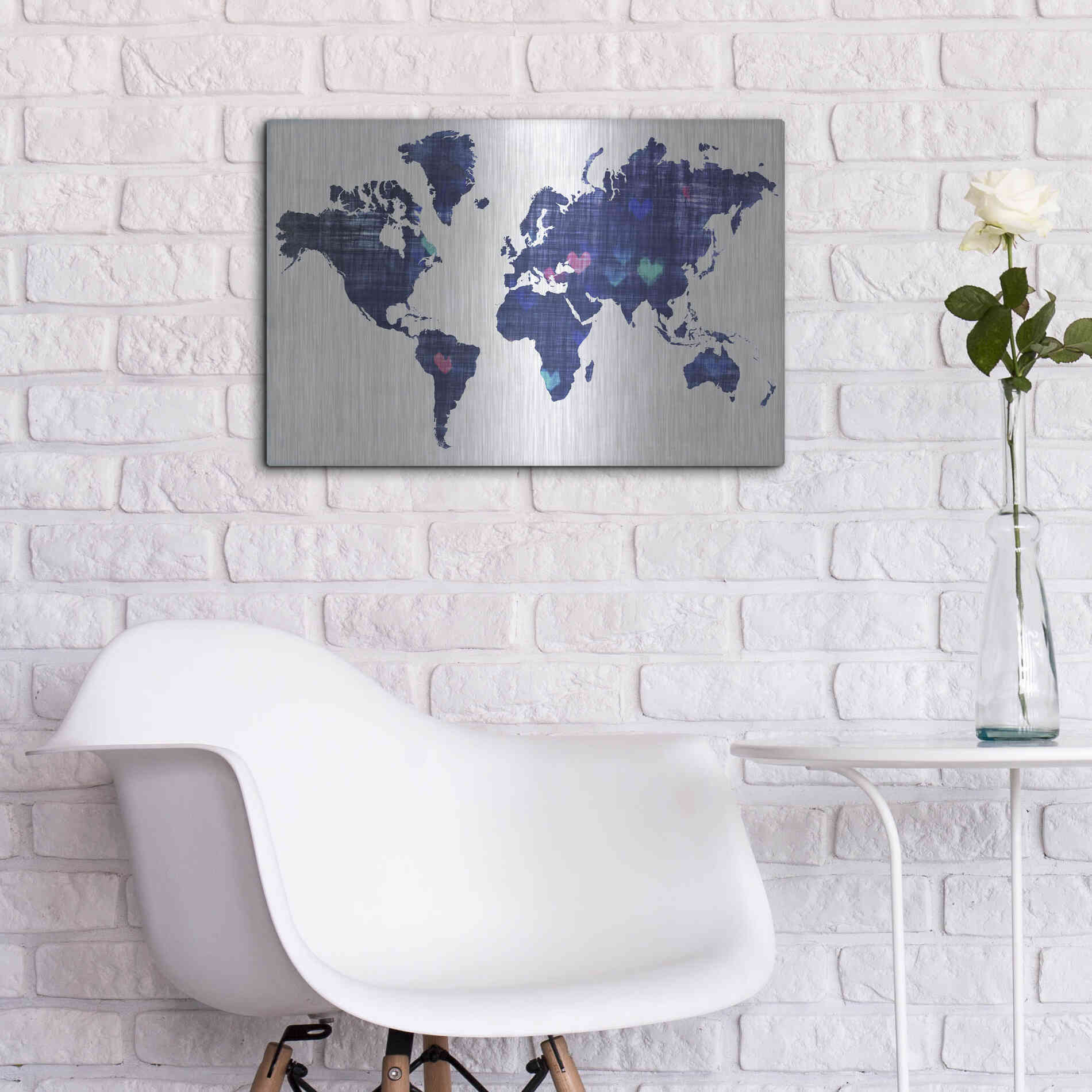 Luxe Metal Art 'Hearts World Map 3' by Irena Orlov, Metal Wall Art,24x16