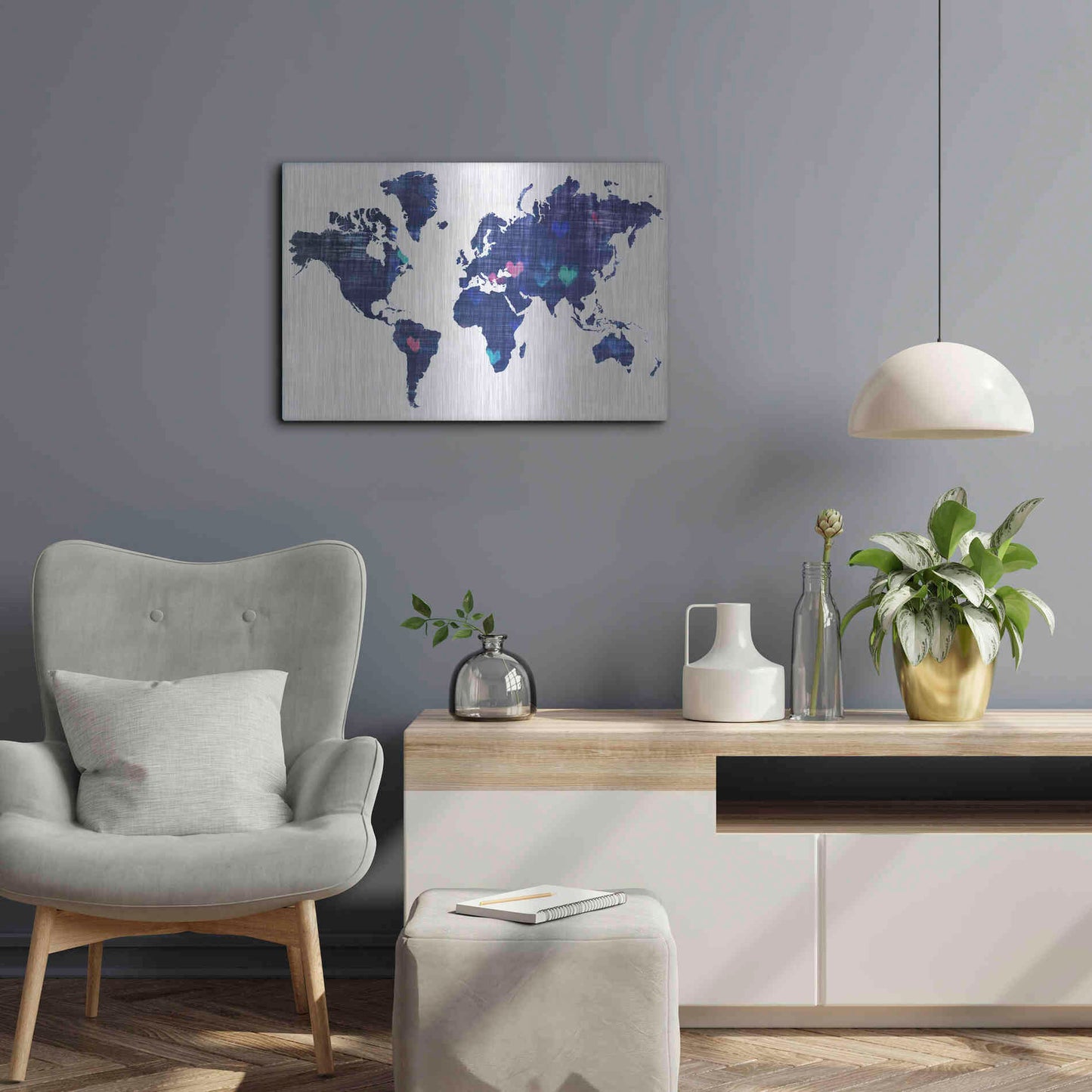 Luxe Metal Art 'Hearts World Map 3' by Irena Orlov, Metal Wall Art,24x16