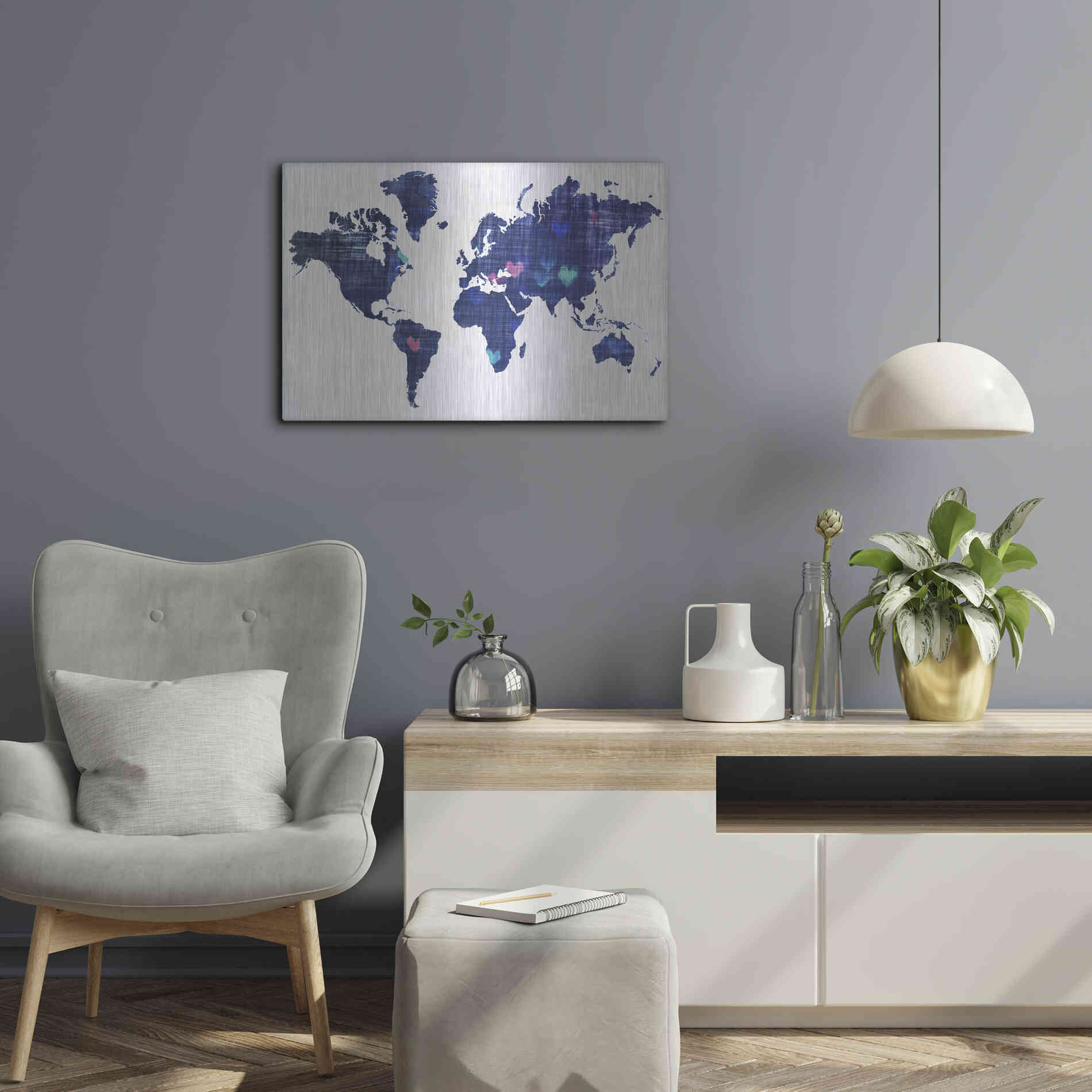 Luxe Metal Art 'Hearts World Map 3' by Irena Orlov, Metal Wall Art,24x16
