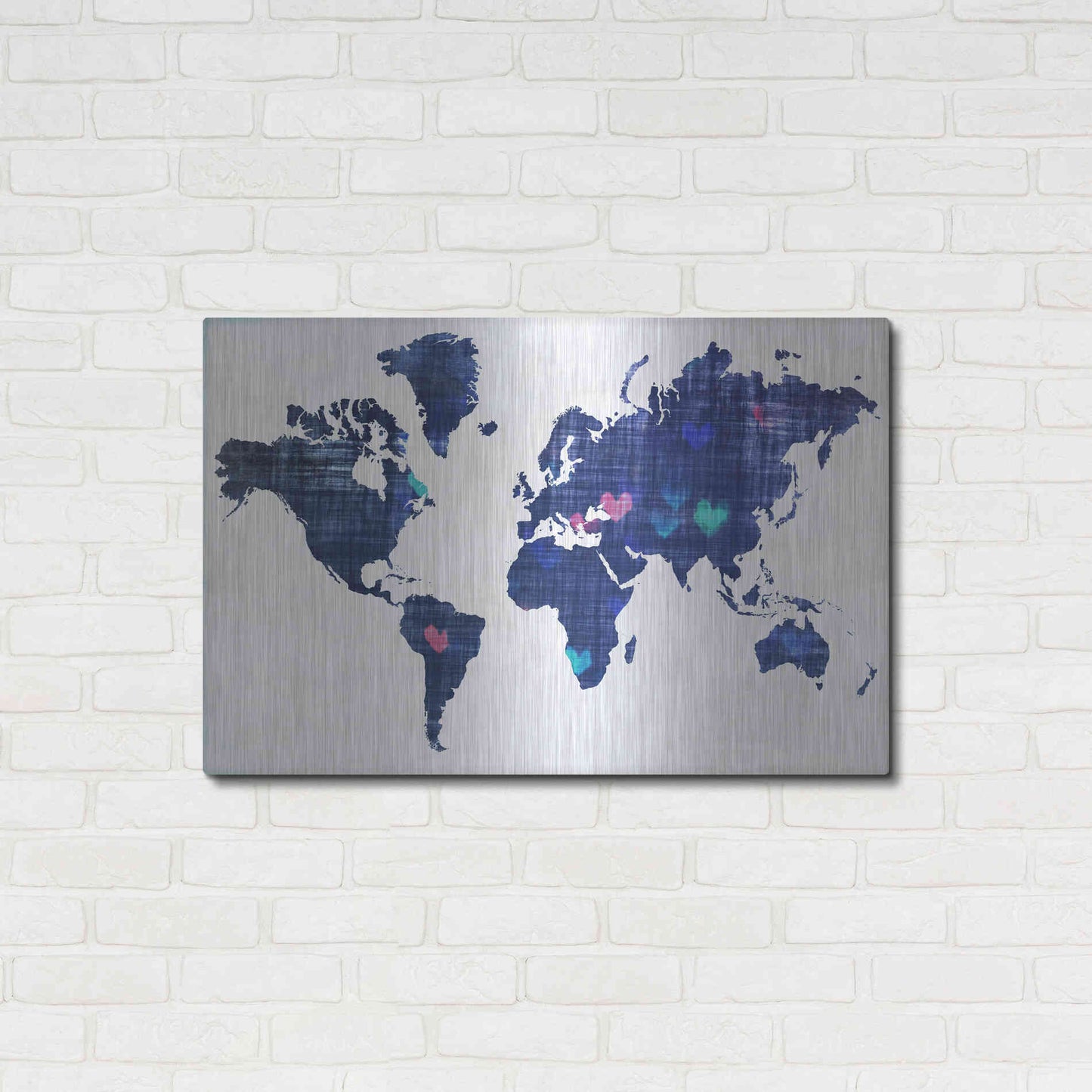 Luxe Metal Art 'Hearts World Map 3' by Irena Orlov, Metal Wall Art,36x24