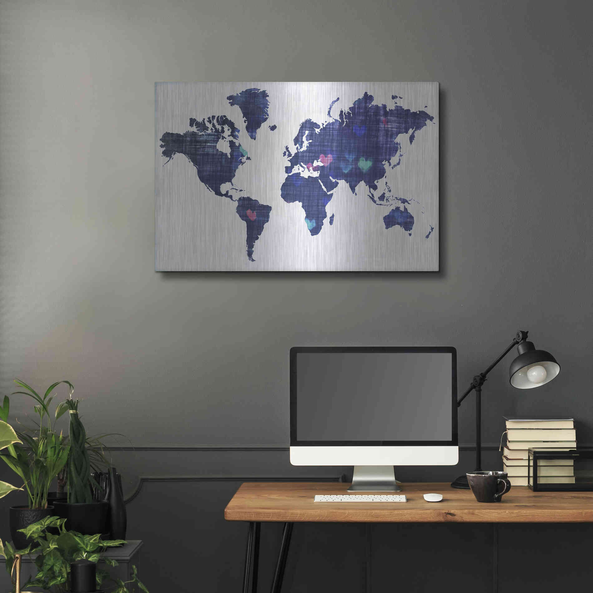 Luxe Metal Art 'Hearts World Map 3' by Irena Orlov, Metal Wall Art,36x24