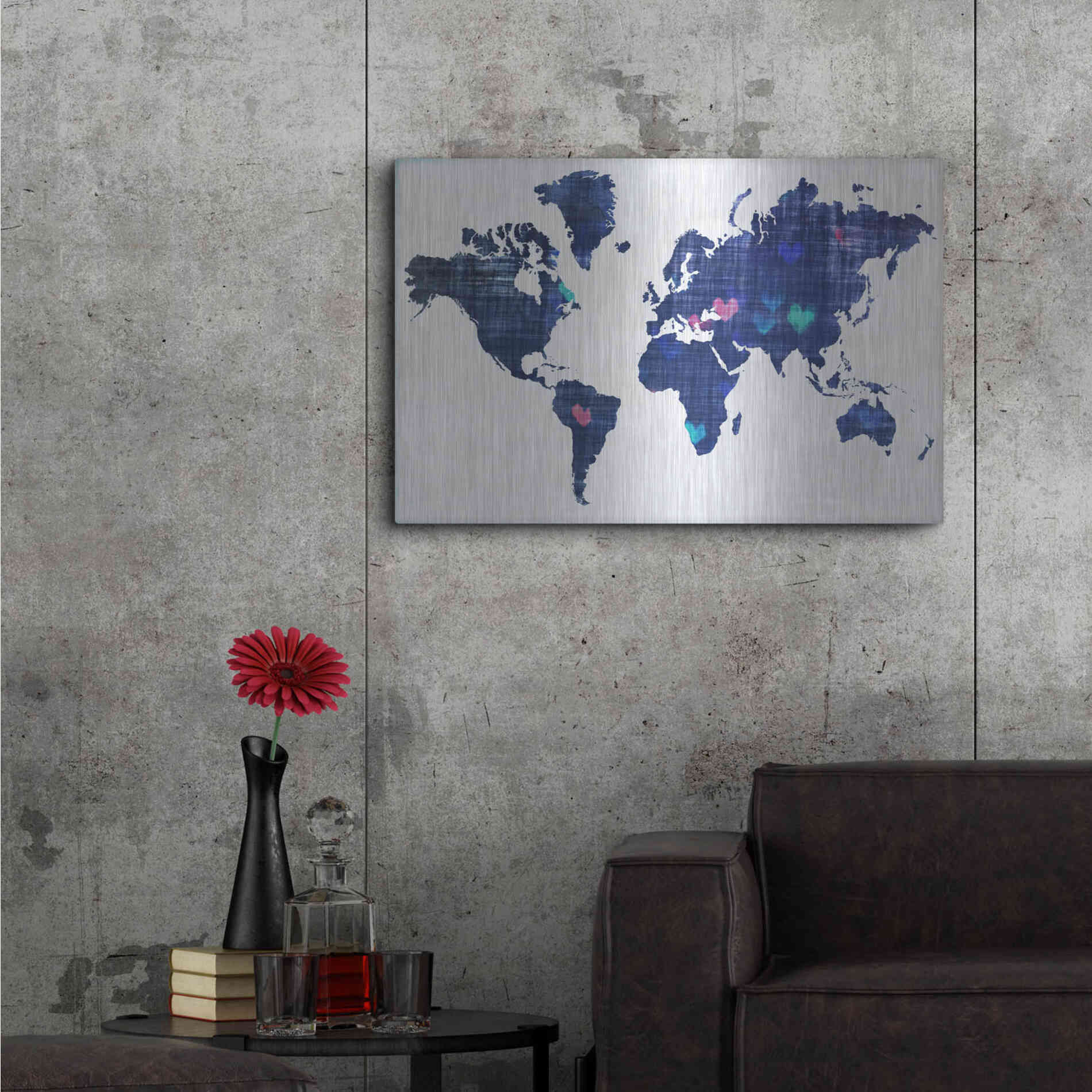 Luxe Metal Art 'Hearts World Map 3' by Irena Orlov, Metal Wall Art,36x24