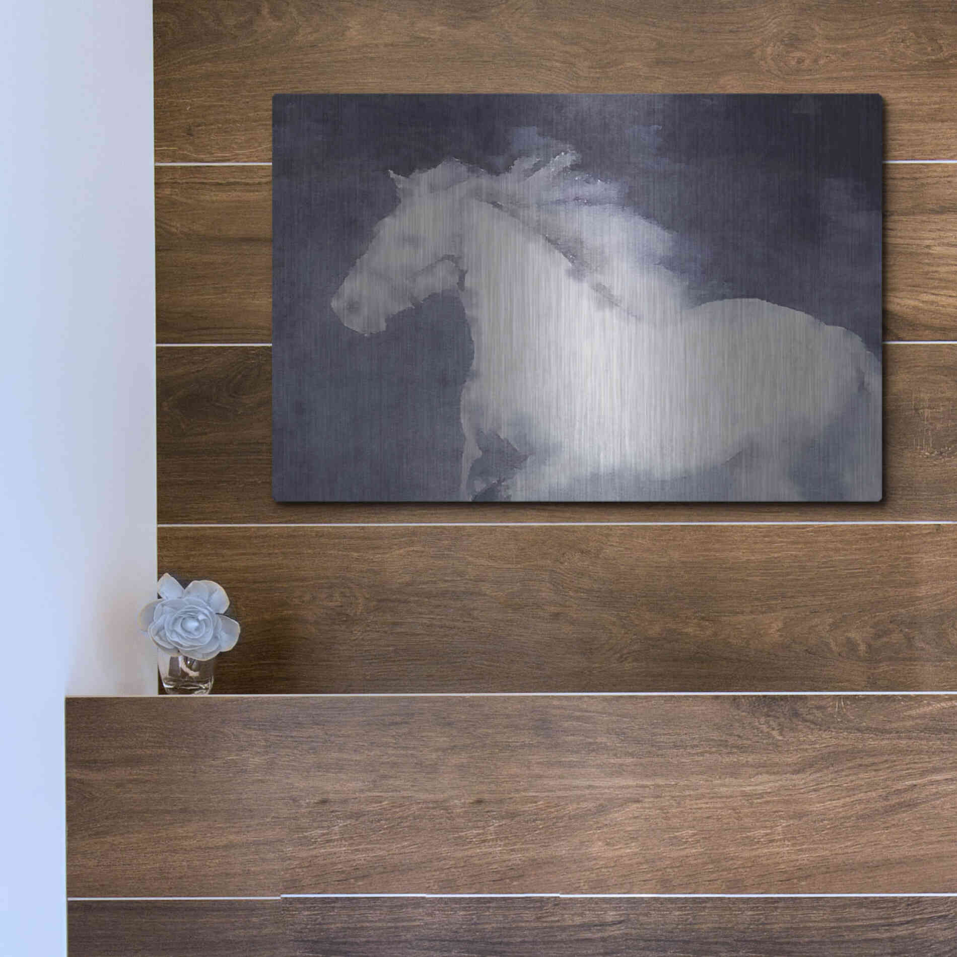 Luxe Metal Art 'White Running Horse In The Fog Mist 1' by Irena Orlov, Metal Wall Art,16x12