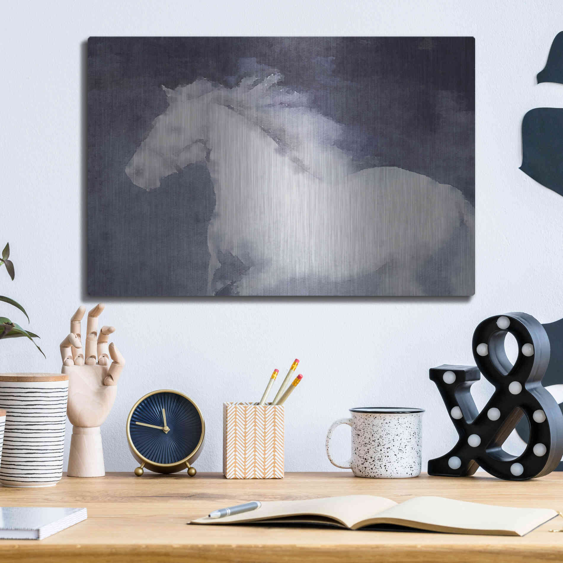 Luxe Metal Art 'White Running Horse In The Fog Mist 1' by Irena Orlov, Metal Wall Art,16x12