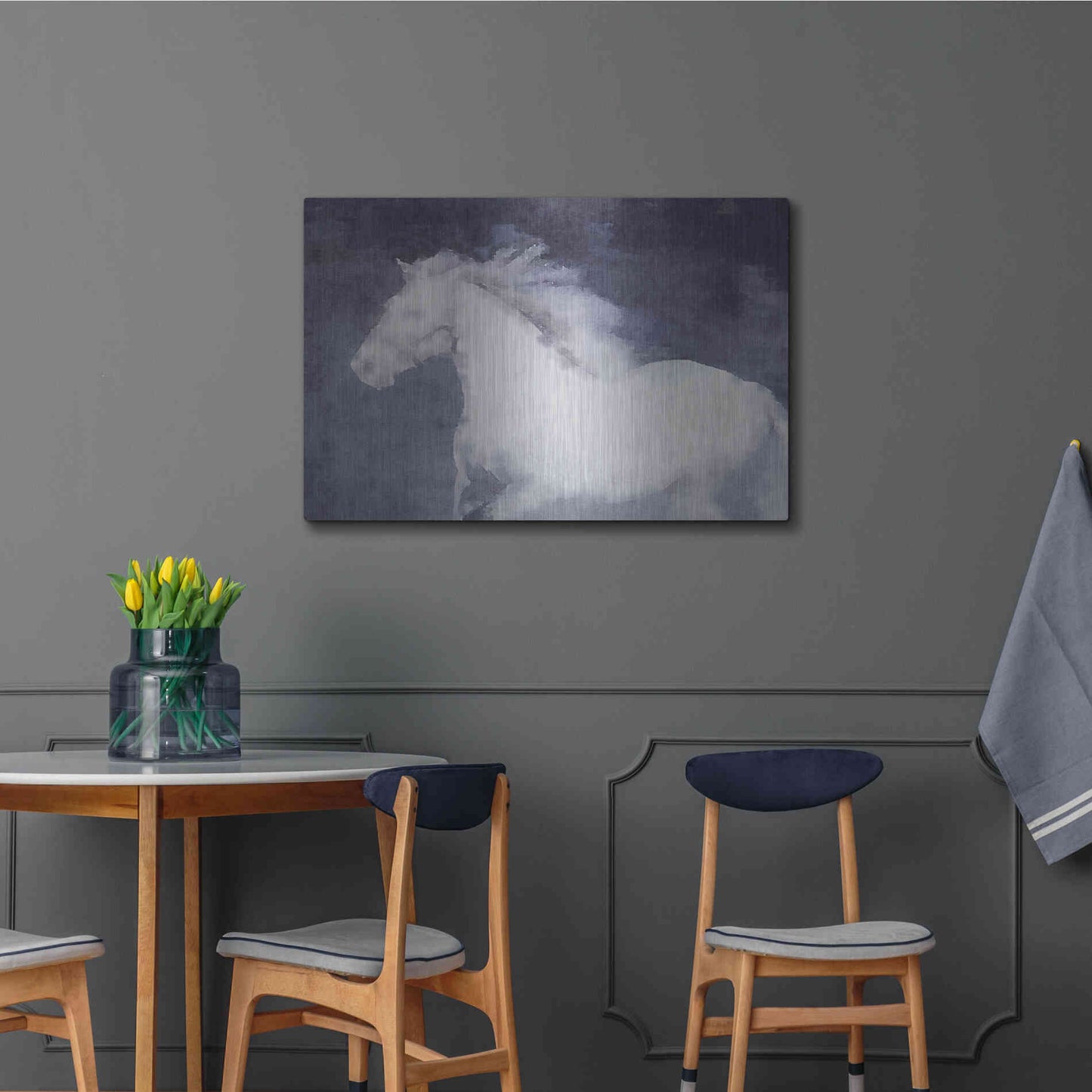 Luxe Metal Art 'White Running Horse In The Fog Mist 1' by Irena Orlov, Metal Wall Art,36x24