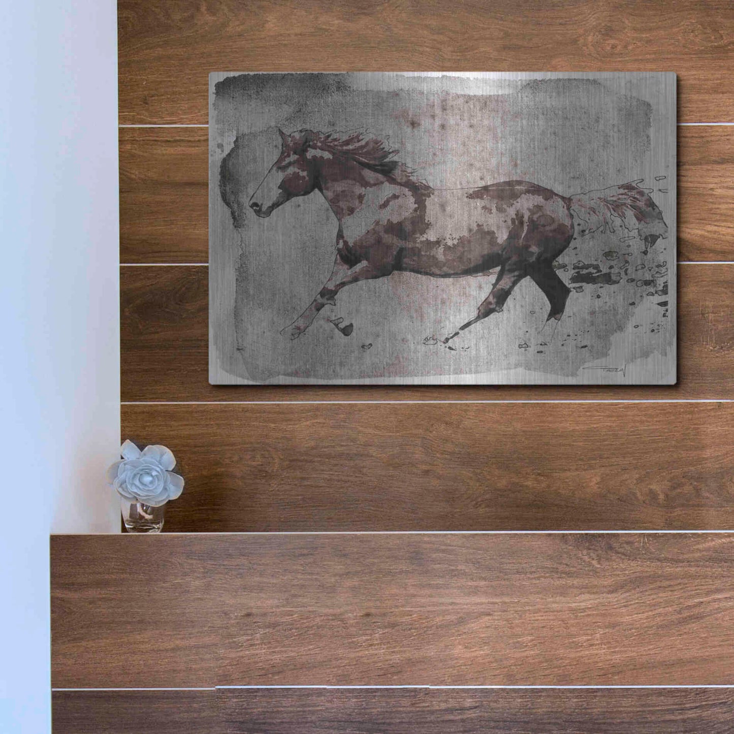 Luxe Metal Art 'Brown Horse Running' by Irena Orlov, Metal Wall Art,16x12