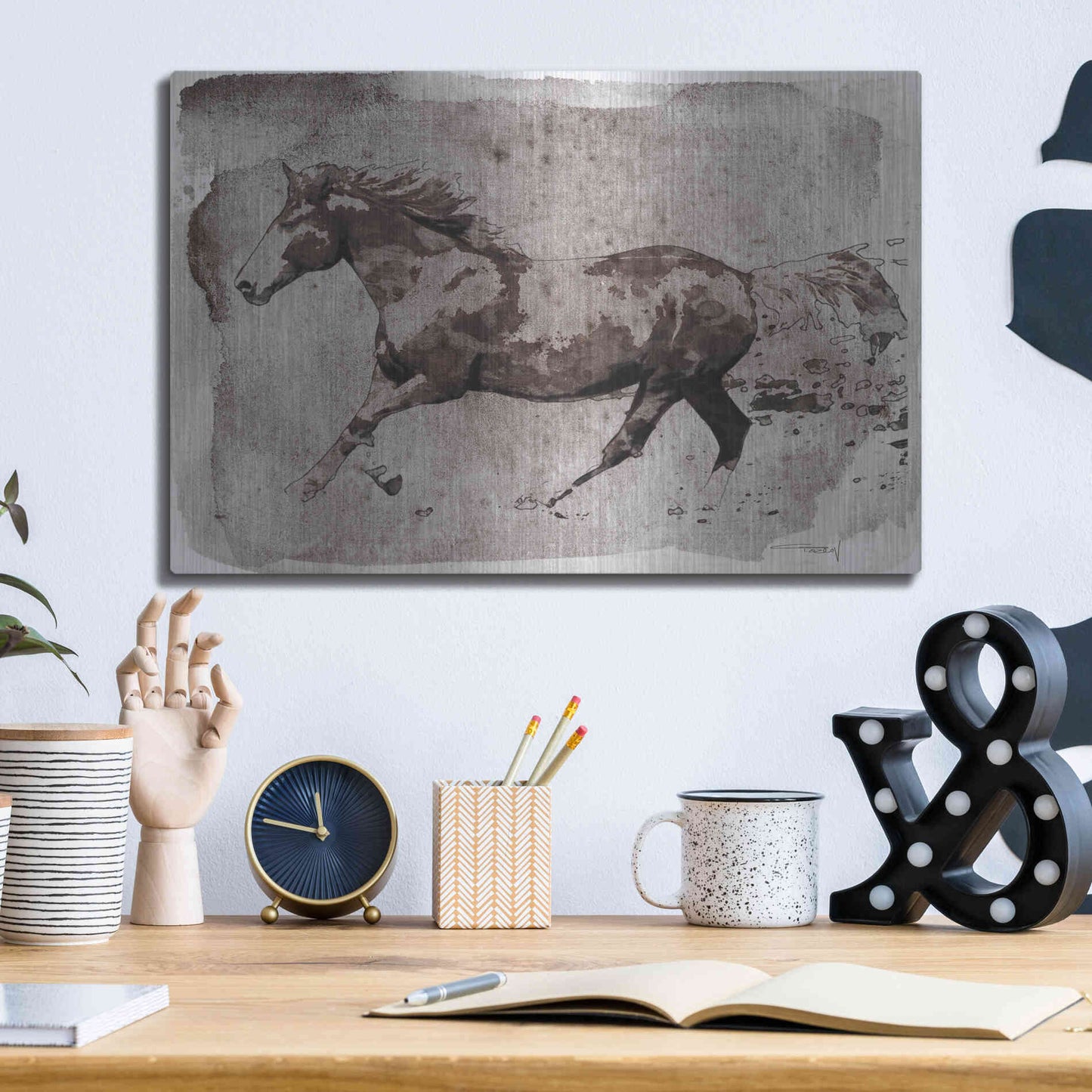 Luxe Metal Art 'Brown Horse Running' by Irena Orlov, Metal Wall Art,16x12