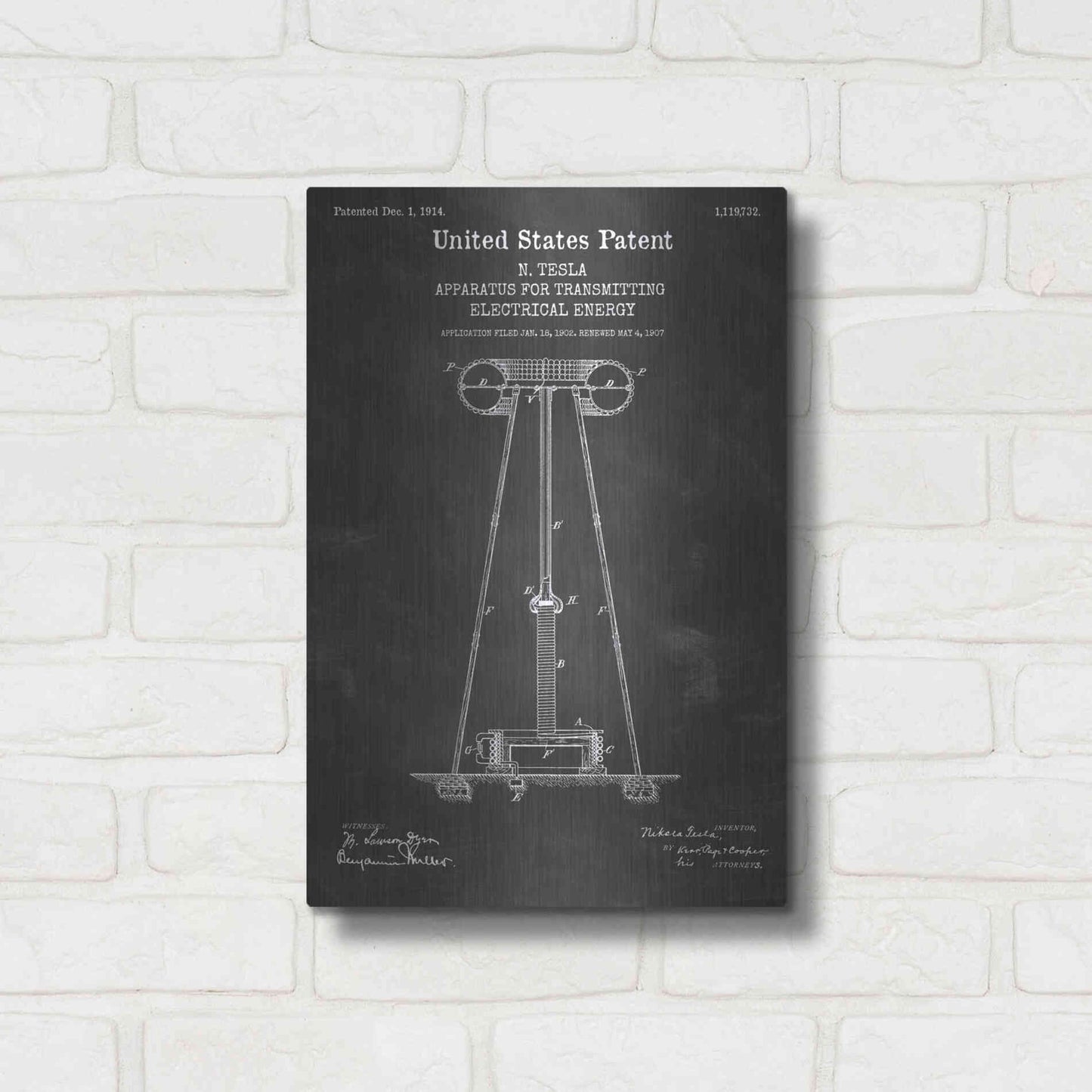 Luxe Metal Art 'Tesla Apparatus for Transmitting Electrical Energy Blueprint Patent Chalkboard' Metal Wall Art,12x16