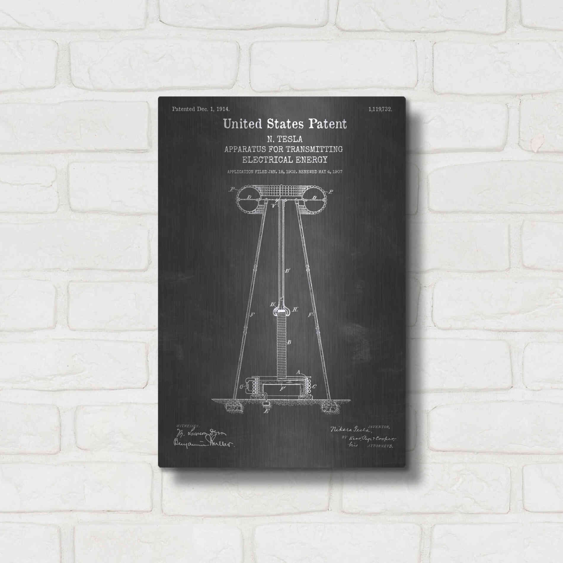 Luxe Metal Art 'Tesla Apparatus for Transmitting Electrical Energy Blueprint Patent Chalkboard' Metal Wall Art,12x16