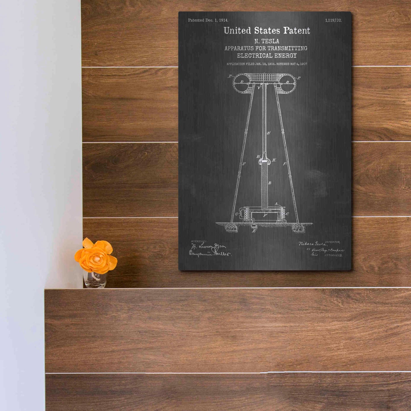 Luxe Metal Art 'Tesla Apparatus for Transmitting Electrical Energy Blueprint Patent Chalkboard' Metal Wall Art,12x16