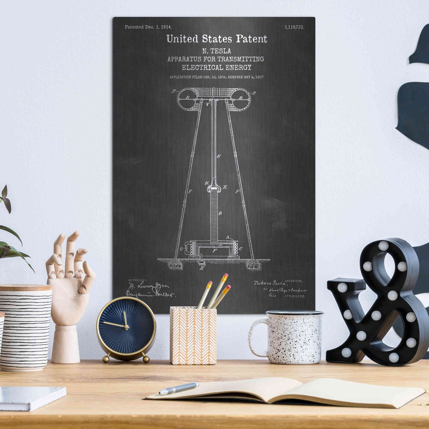 Luxe Metal Art 'Tesla Apparatus for Transmitting Electrical Energy Blueprint Patent Chalkboard' Metal Wall Art,12x16