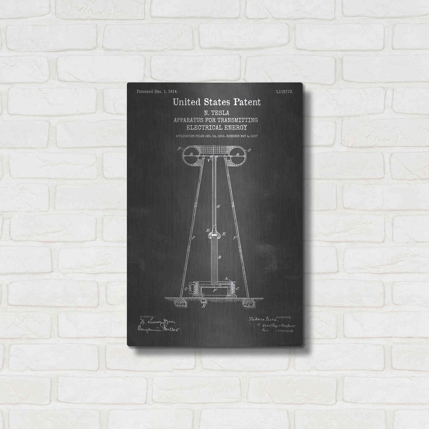 Luxe Metal Art 'Tesla Apparatus for Transmitting Electrical Energy Blueprint Patent Chalkboard' Metal Wall Art,16x24