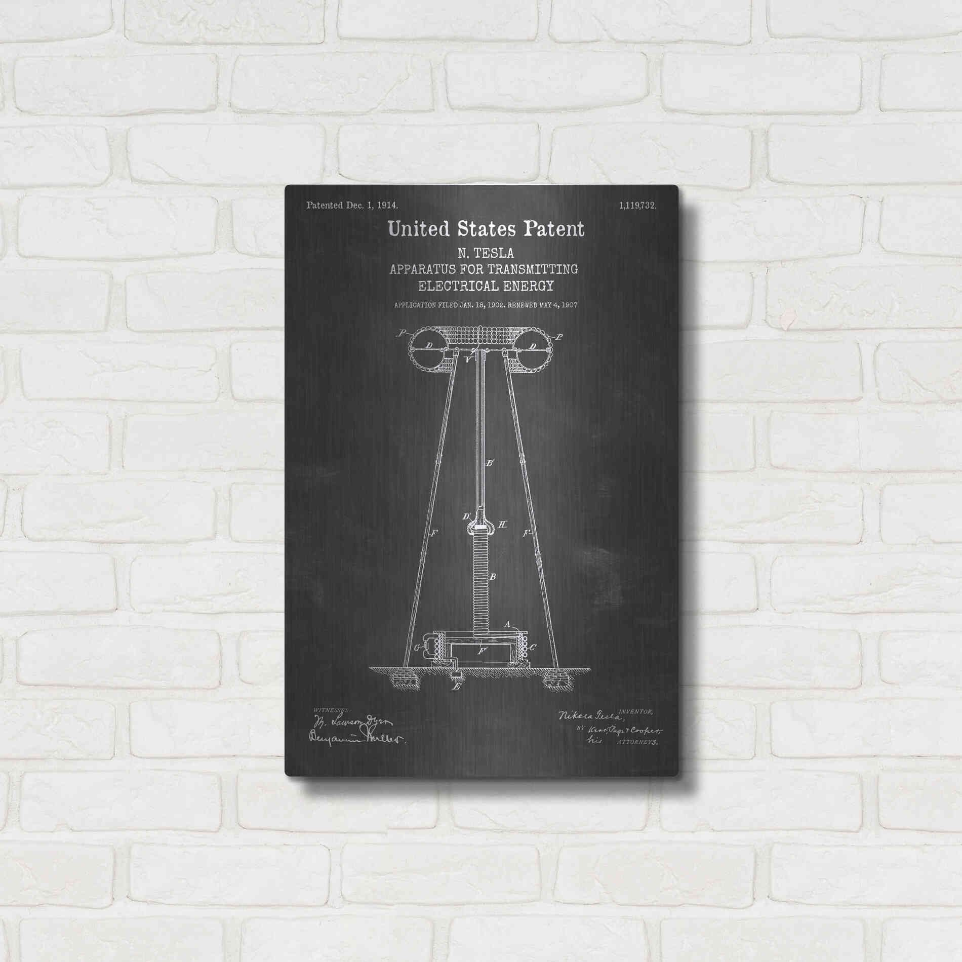 Luxe Metal Art 'Tesla Apparatus for Transmitting Electrical Energy Blueprint Patent Chalkboard' Metal Wall Art,16x24