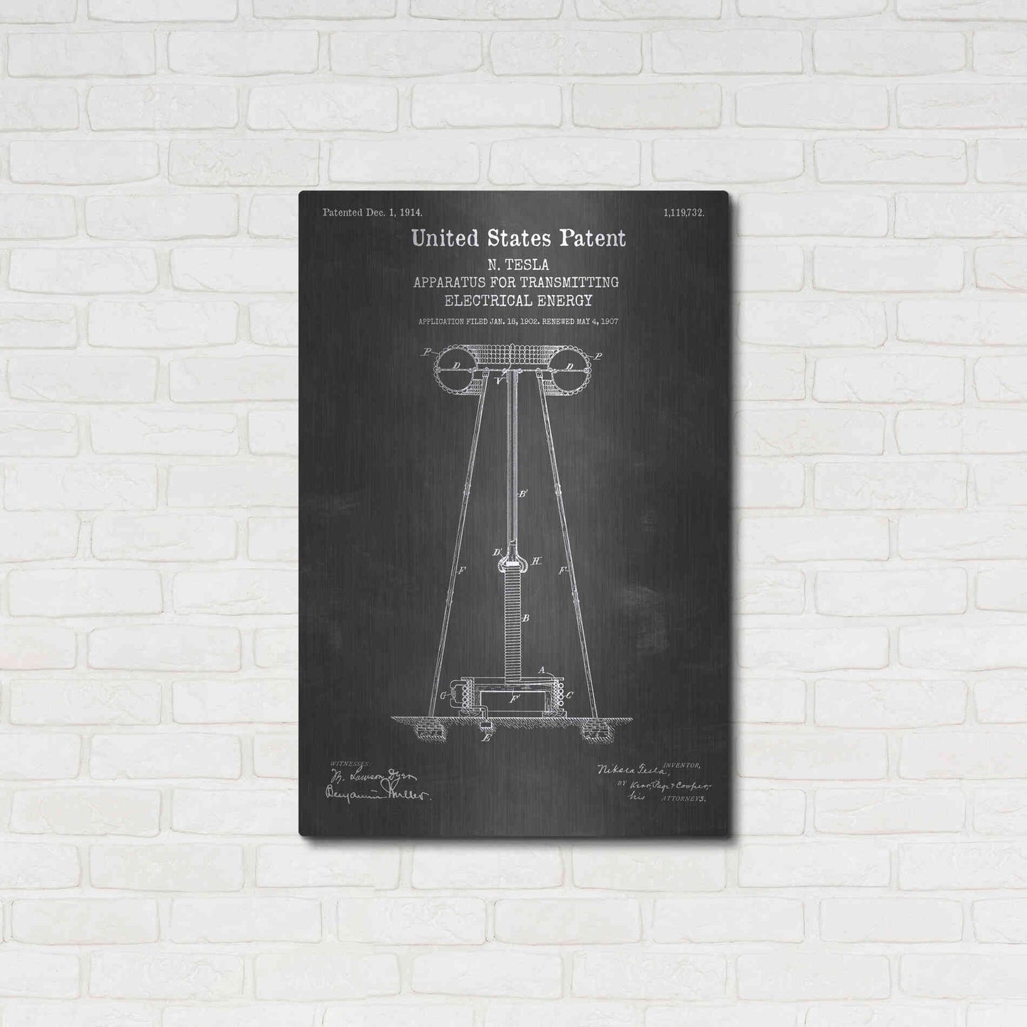 Luxe Metal Art 'Tesla Apparatus for Transmitting Electrical Energy Blueprint Patent Chalkboard' Metal Wall Art,24x36