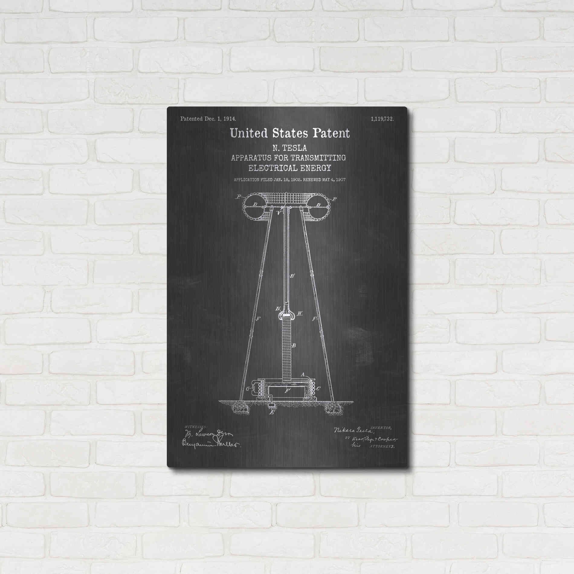 Luxe Metal Art 'Tesla Apparatus for Transmitting Electrical Energy Blueprint Patent Chalkboard' Metal Wall Art,24x36