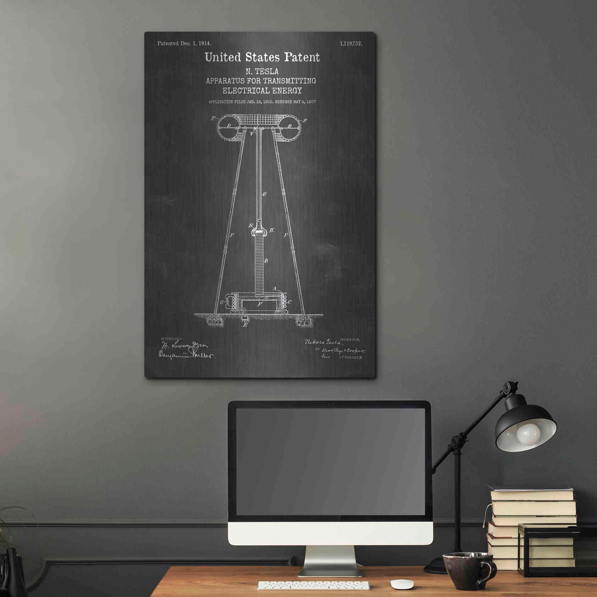 Luxe Metal Art 'Tesla Apparatus for Transmitting Electrical Energy Blueprint Patent Chalkboard' Metal Wall Art,24x36