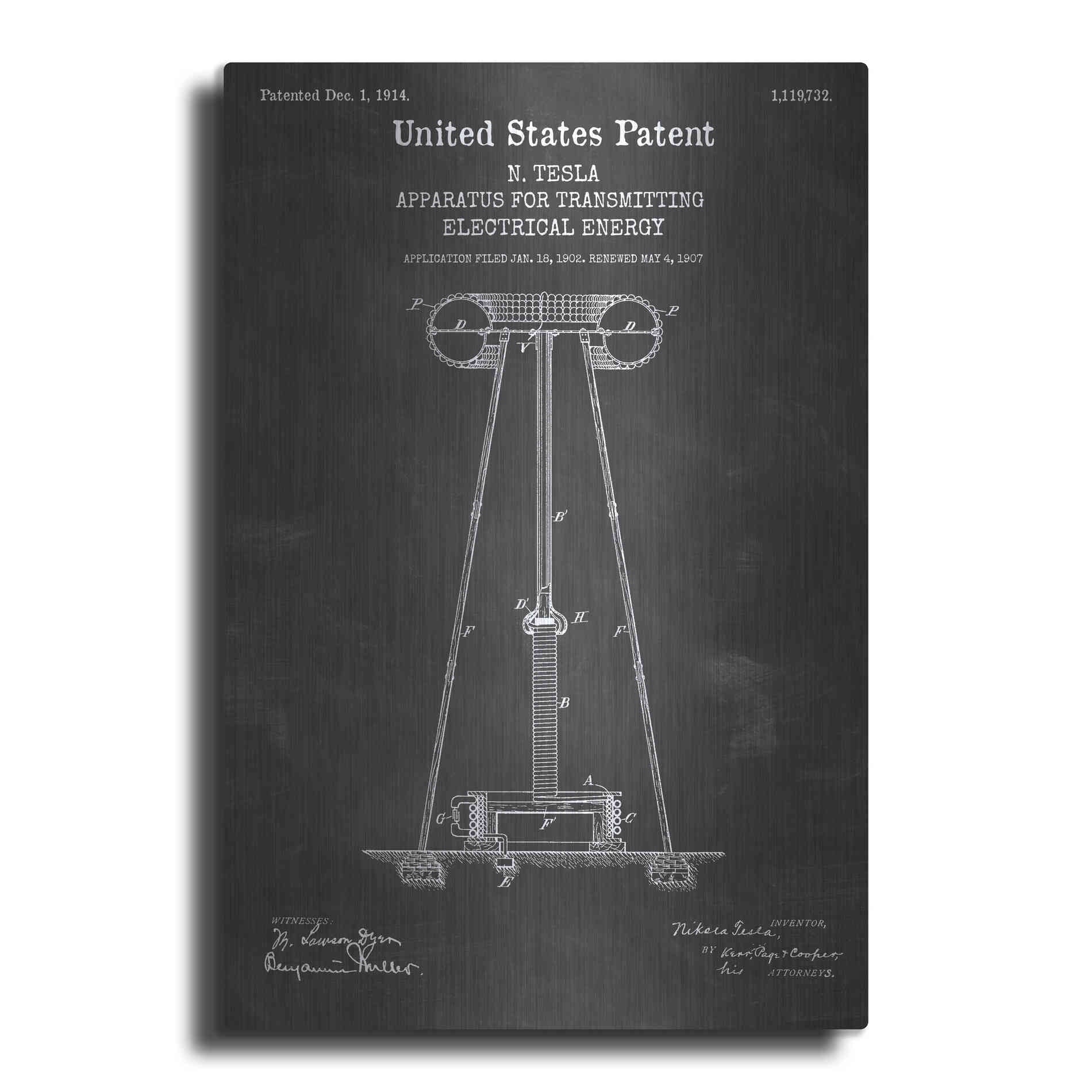 Luxe Metal Art 'Tesla Apparatus for Transmitting Electrical Energy Blueprint Patent Chalkboard' Metal Wall Art