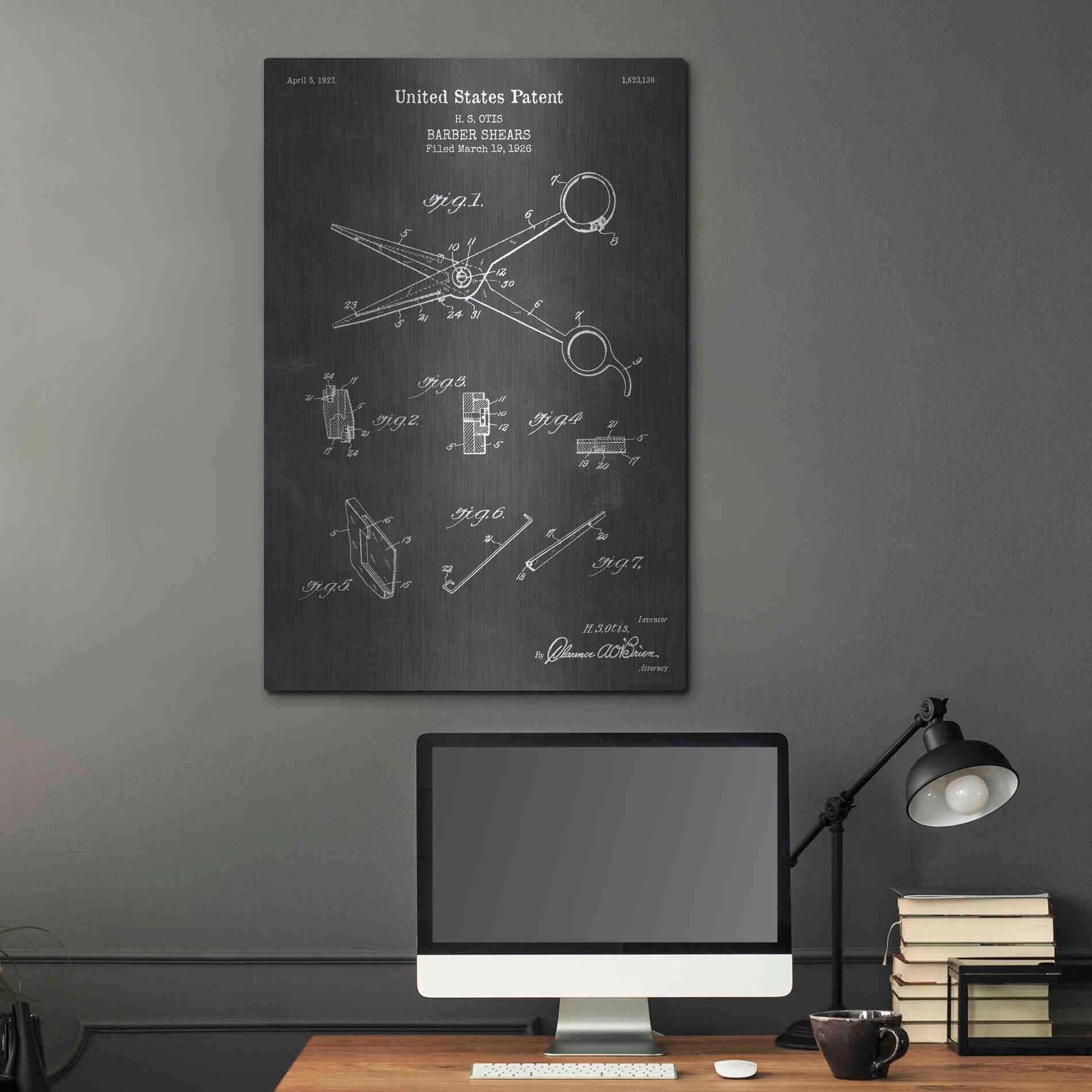 Luxe Metal Art 'Barber Shears Blueprint Patent Chalkboard' Metal Wall Art,24x36