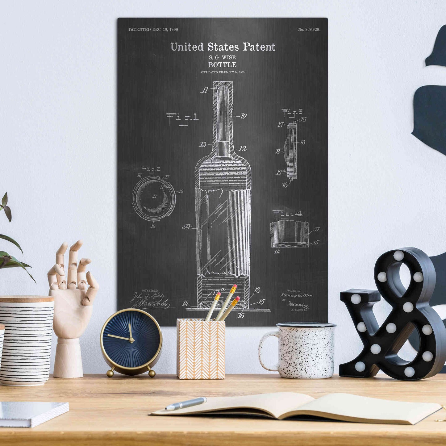 Luxe Metal Art 'Bottle Blueprint Patent Chalkboard' Metal Wall Art,12x16