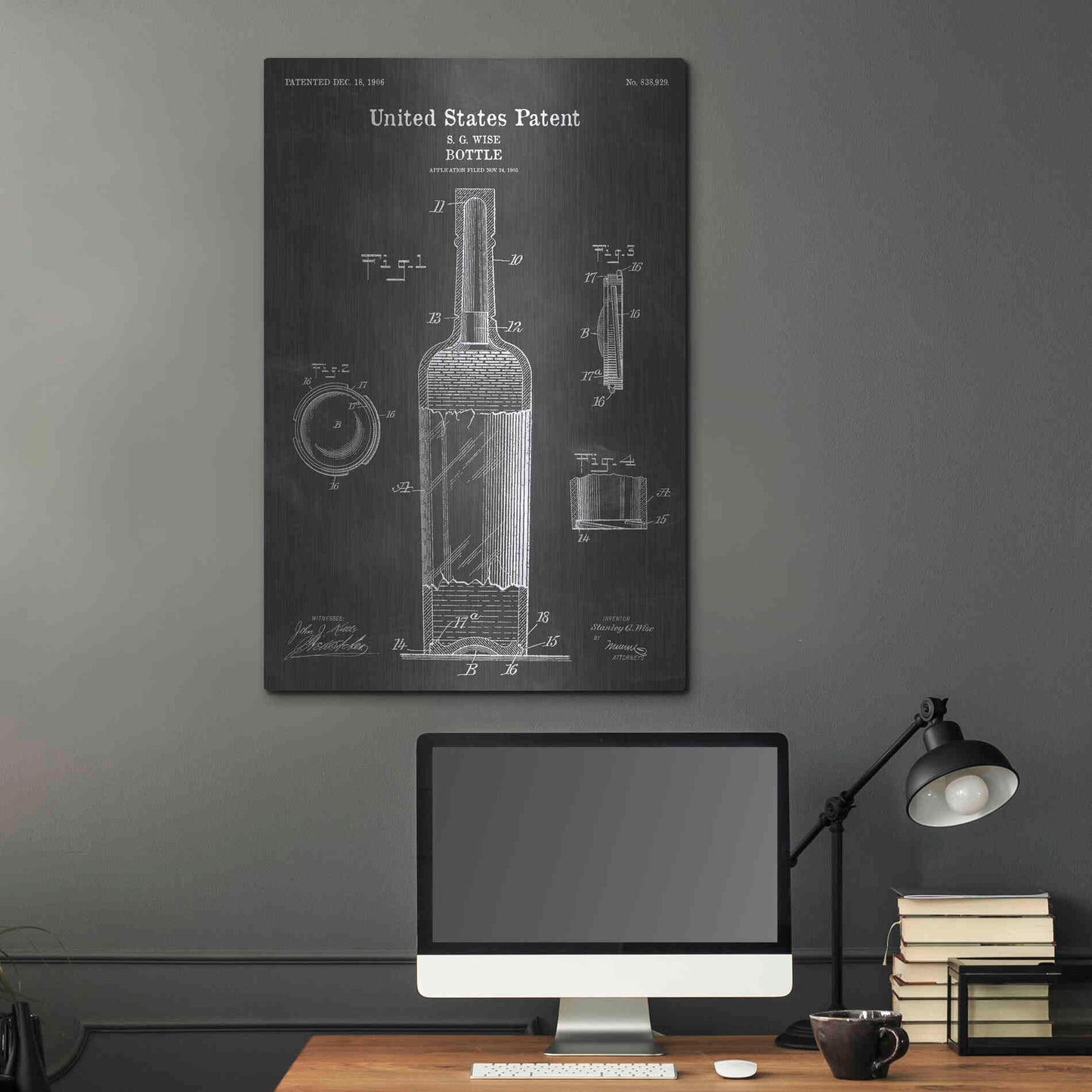 Luxe Metal Art 'Bottle Blueprint Patent Chalkboard' Metal Wall Art,24x36