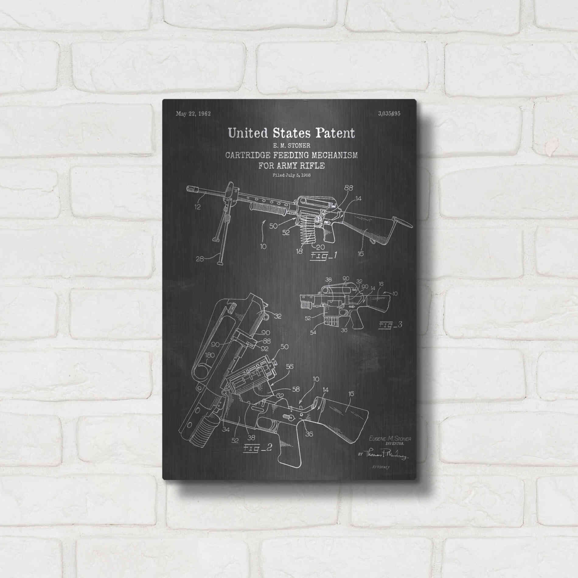 Luxe Metal Art 'Ammunition Feeder for Army Rifle Blueprint Patent Chalkboard' Metal Wall Art,12x16