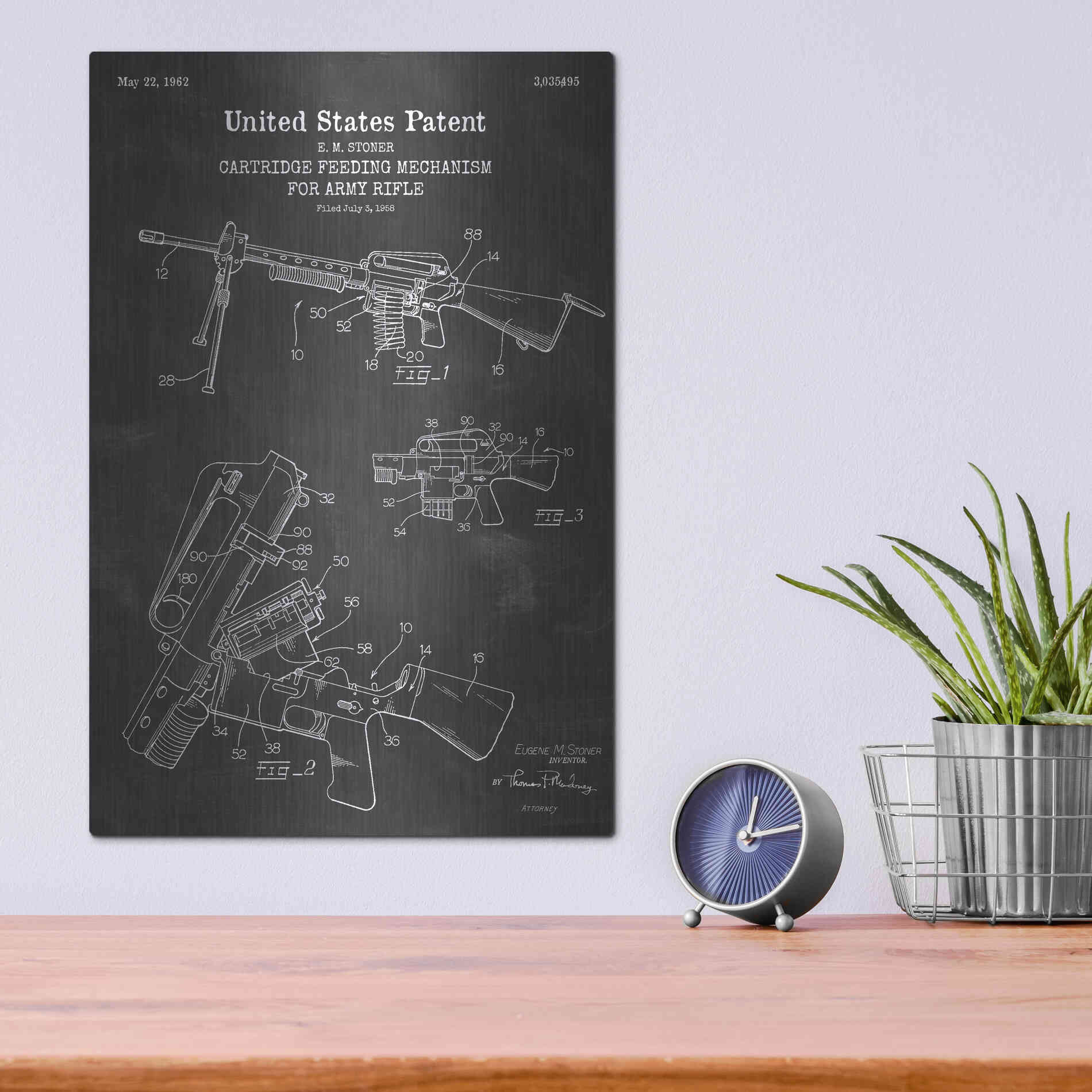 Luxe Metal Art 'Ammunition Feeder for Army Rifle Blueprint Patent Chalkboard' Metal Wall Art,12x16