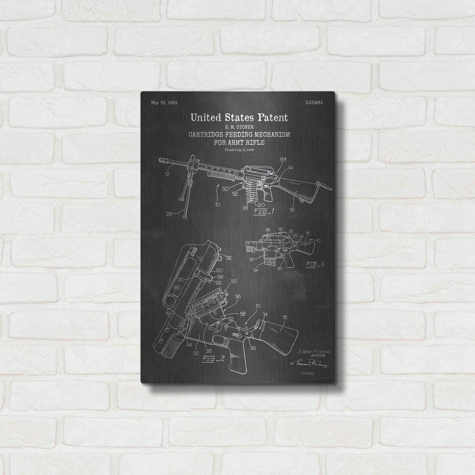 Luxe Metal Art 'Ammunition Feeder for Army Rifle Blueprint Patent Chalkboard' Metal Wall Art,16x24