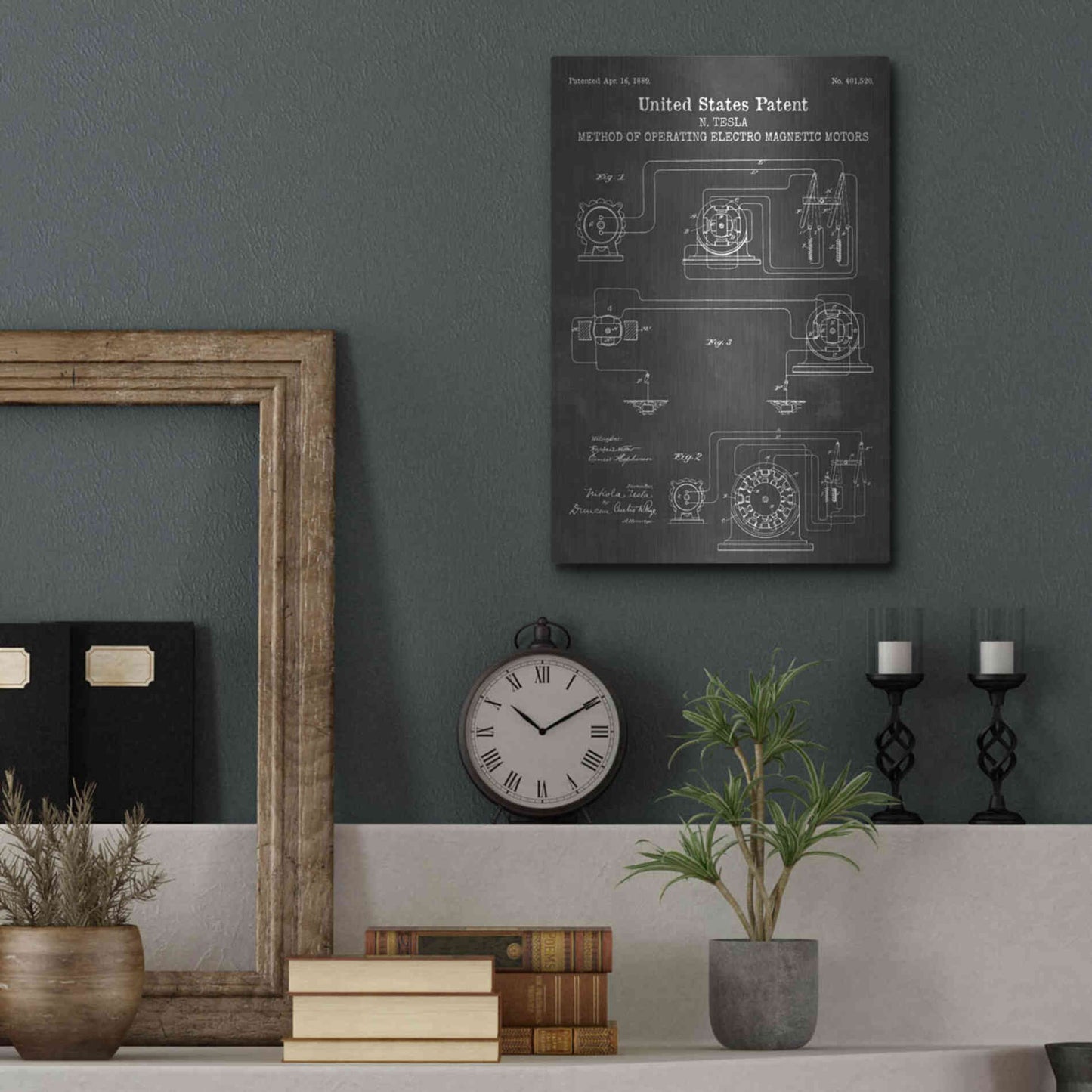 Luxe Metal Art 'Operating Tesla Motor Blueprint Patent Chalkboard' Metal Wall Art,12x16