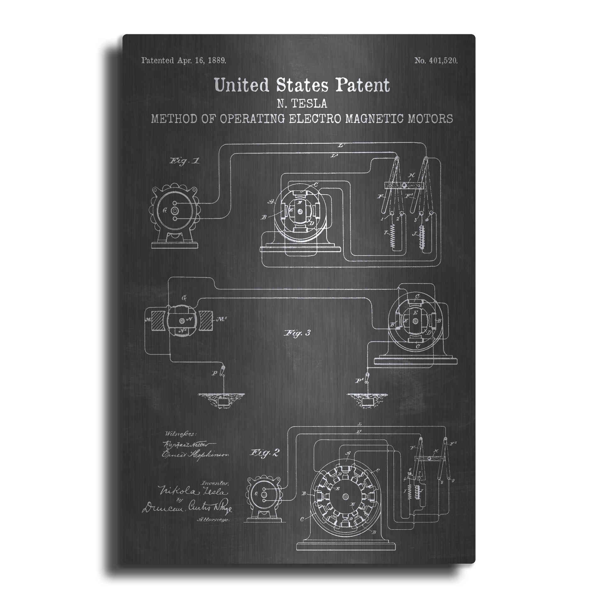 Luxe Metal Art 'Operating Tesla Motor Blueprint Patent Chalkboard' Metal Wall Art