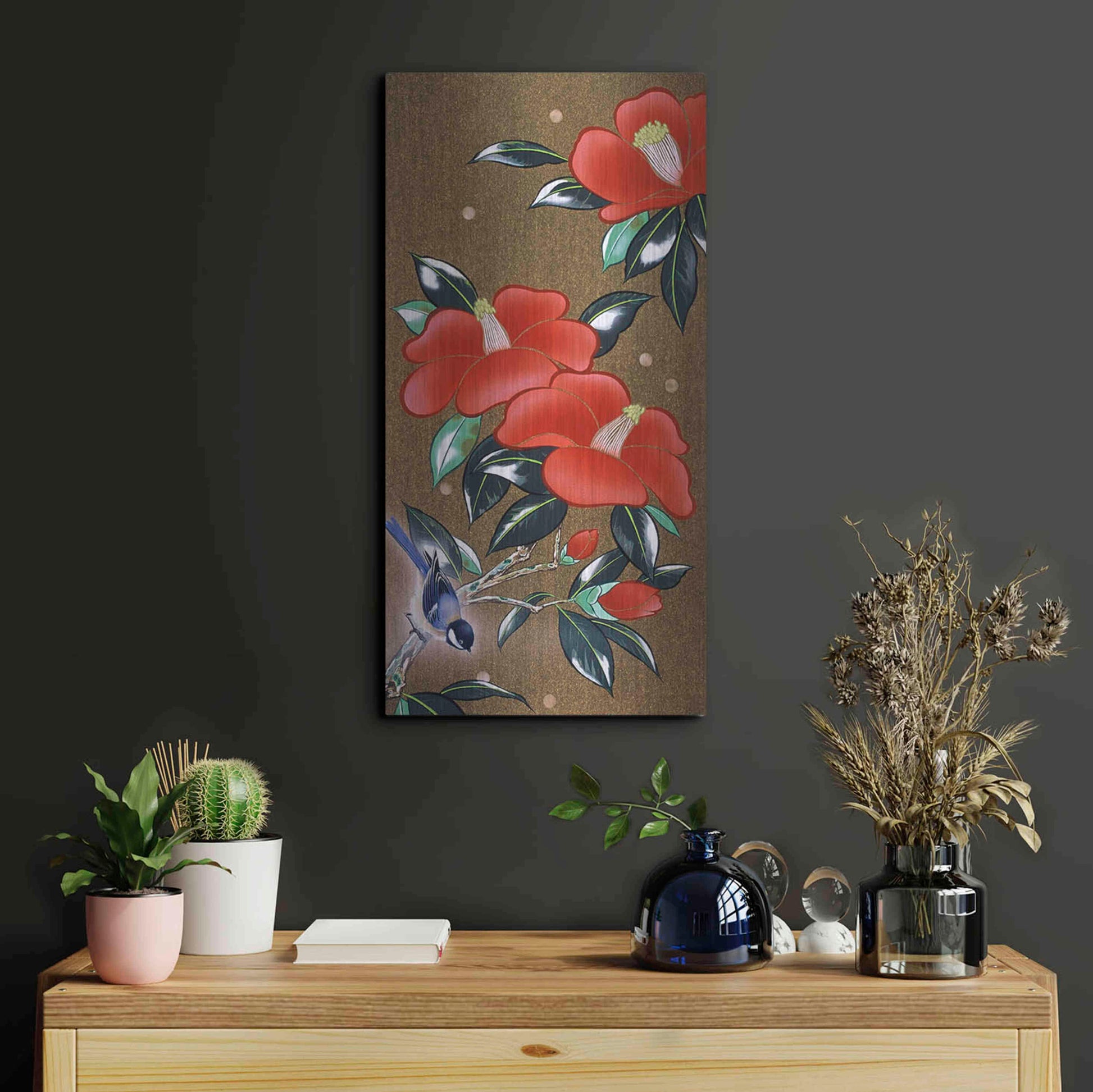 Luxe Metal Art 'Camellia L' by Zigen Tanabe, Metal Wall Art,12x24