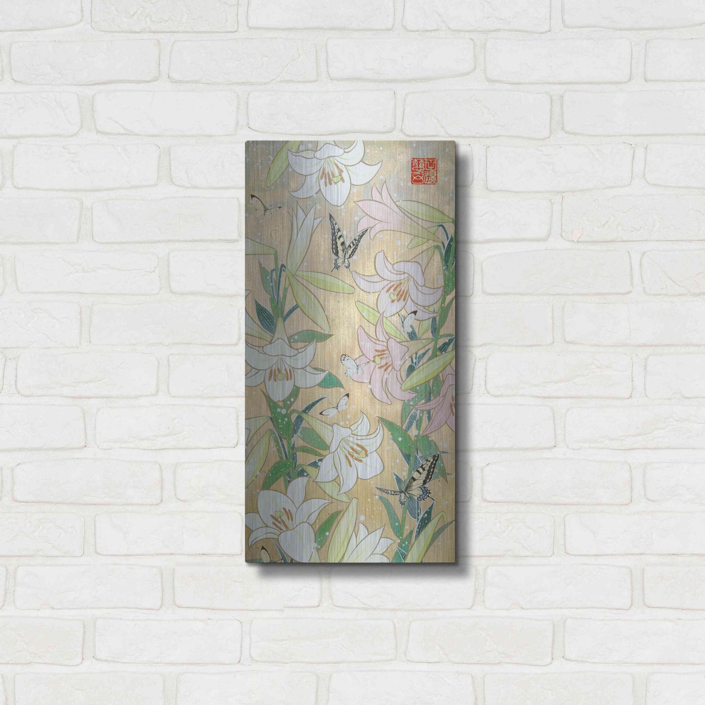Luxe Metal Art 'Lily and Butterfly' by Zigen Tanabe, Metal Wall Art,12x24