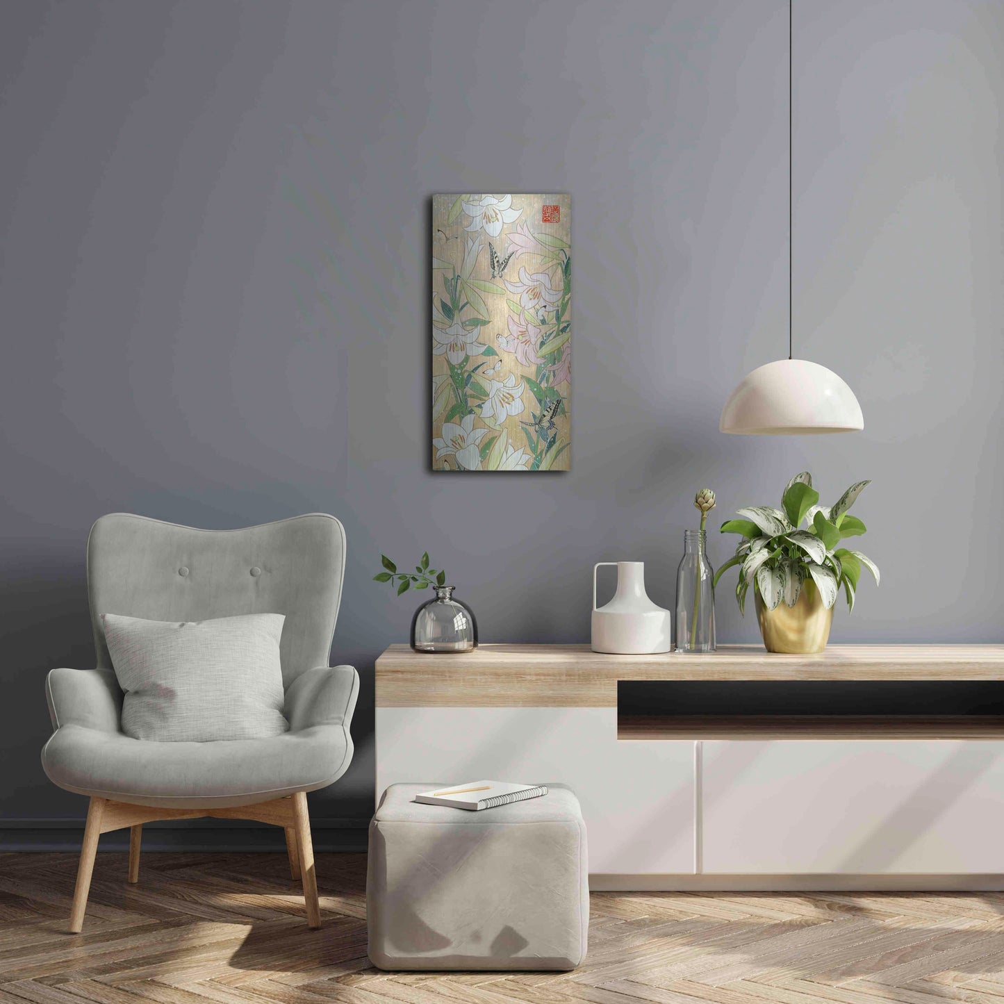 Luxe Metal Art 'Lily and Butterfly' by Zigen Tanabe, Metal Wall Art,12x24