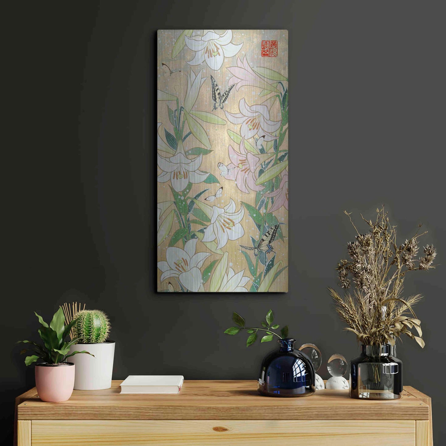 Luxe Metal Art 'Lily and Butterfly' by Zigen Tanabe, Metal Wall Art,12x24