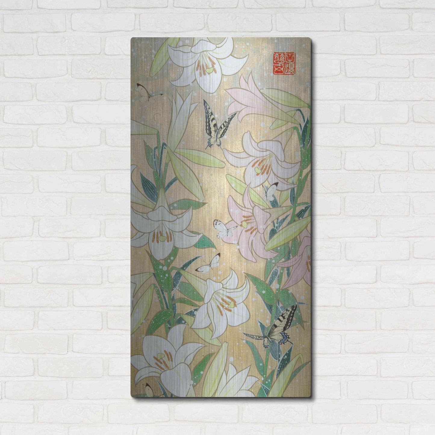 Luxe Metal Art 'Lily and Butterfly' by Zigen Tanabe, Metal Wall Art,24x48