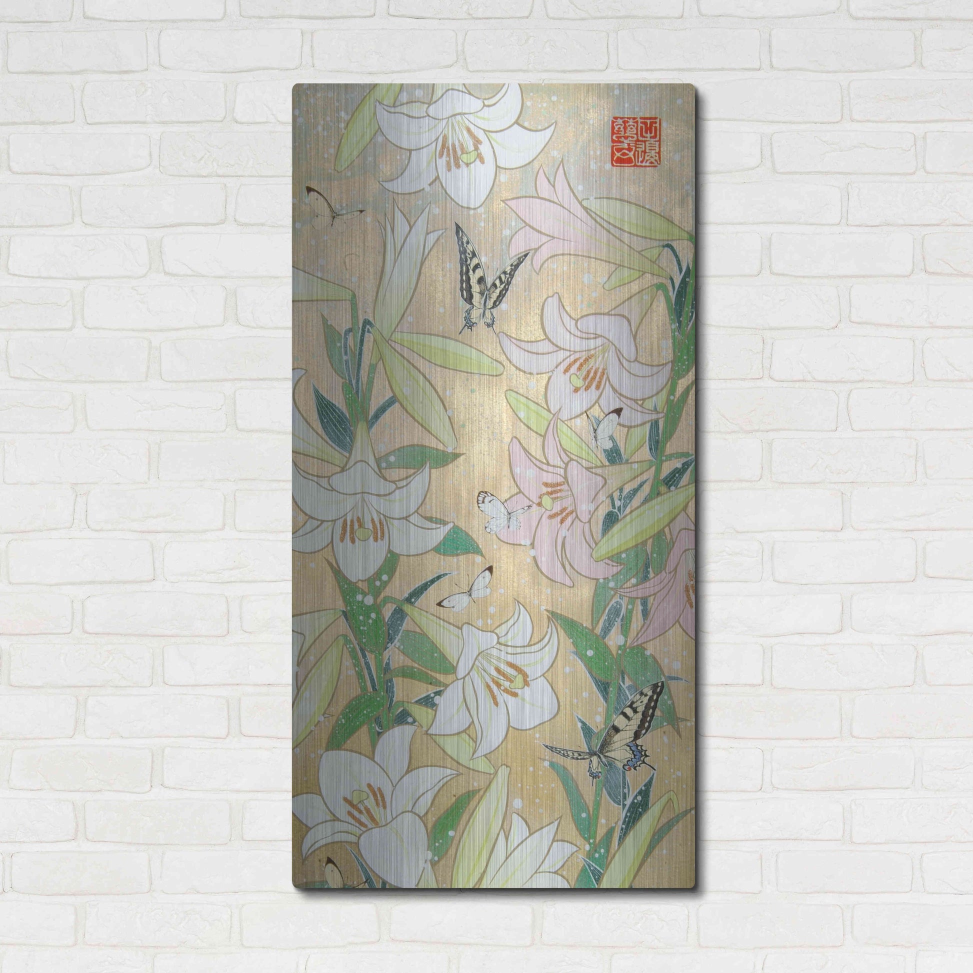 Luxe Metal Art 'Lily and Butterfly' by Zigen Tanabe, Metal Wall Art,24x48