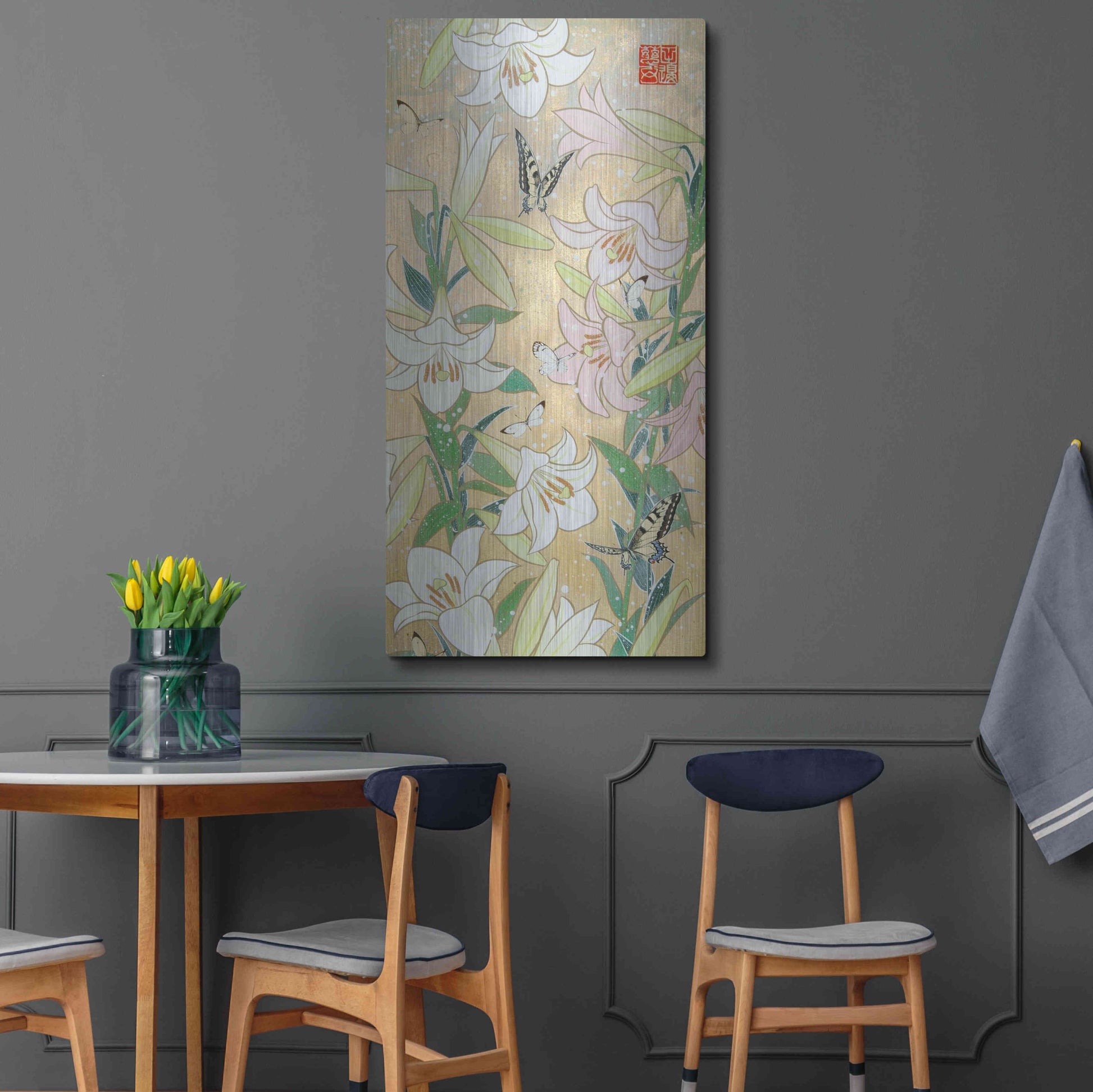 Luxe Metal Art 'Lily and Butterfly' by Zigen Tanabe, Metal Wall Art,24x48