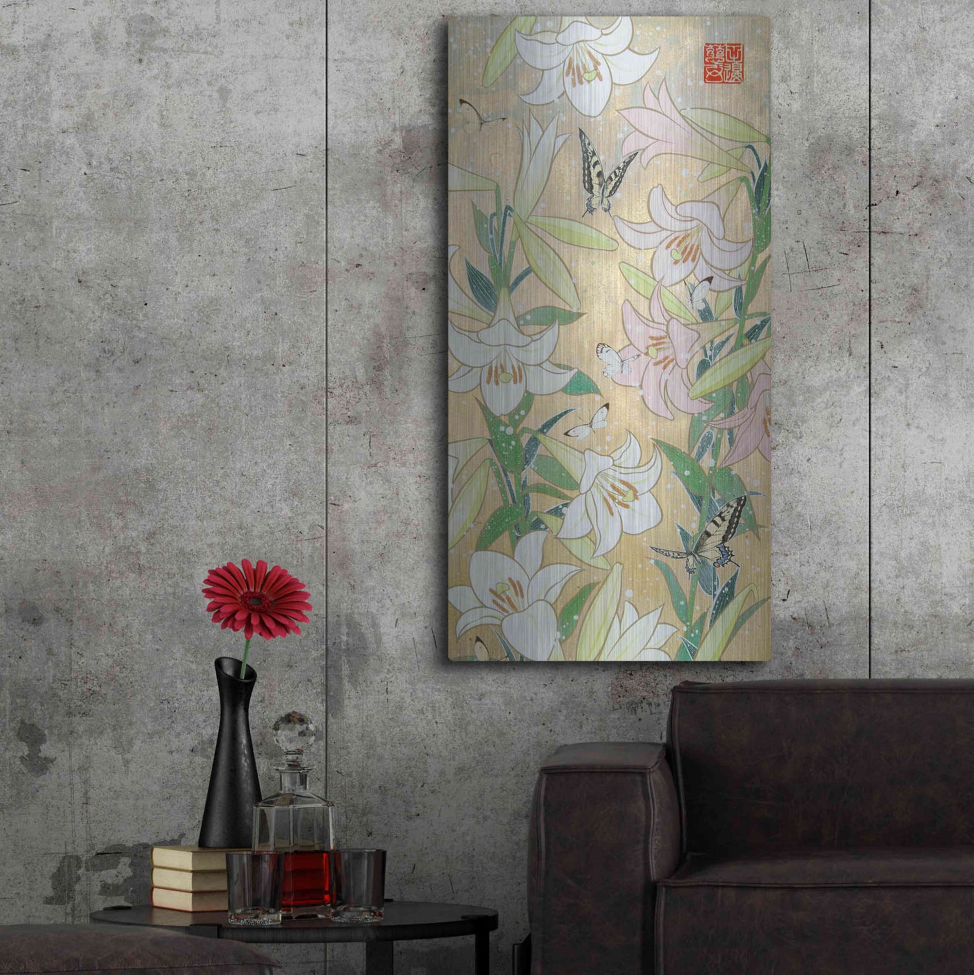 Luxe Metal Art 'Lily and Butterfly' by Zigen Tanabe, Metal Wall Art,24x48