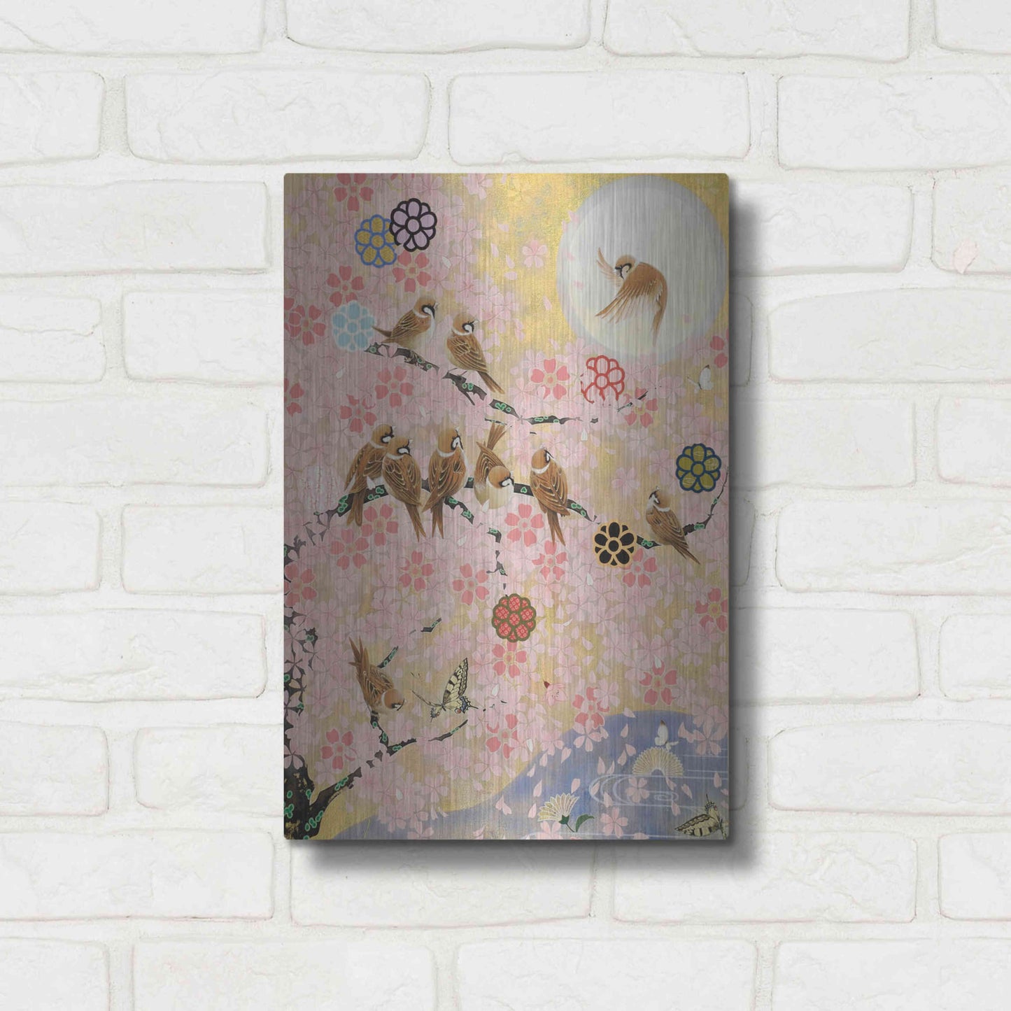 Luxe Metal Art 'Jolly Sparrows' by Zigen Tanabe, Metal Wall Art,12x16