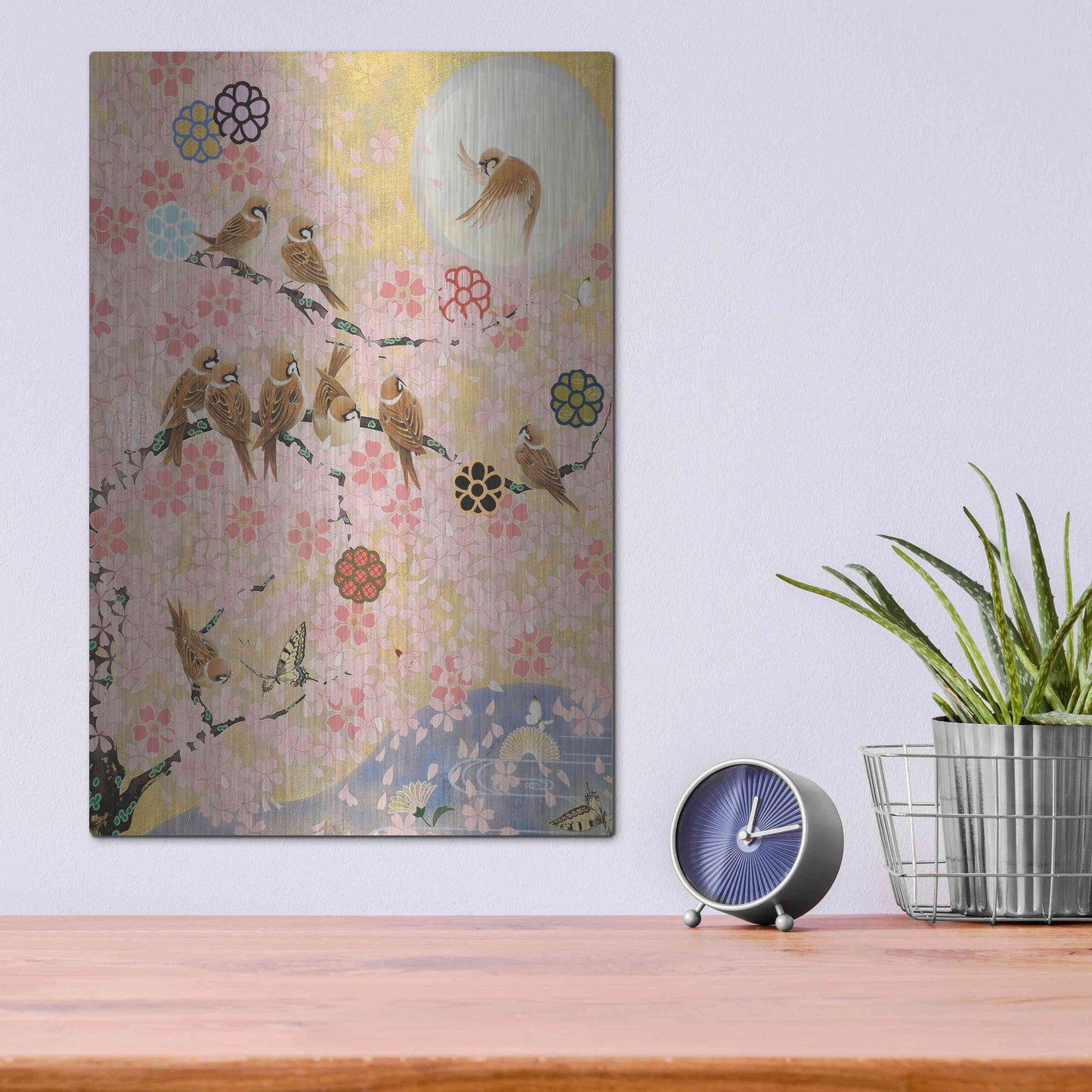 Luxe Metal Art 'Jolly Sparrows' by Zigen Tanabe, Metal Wall Art,12x16