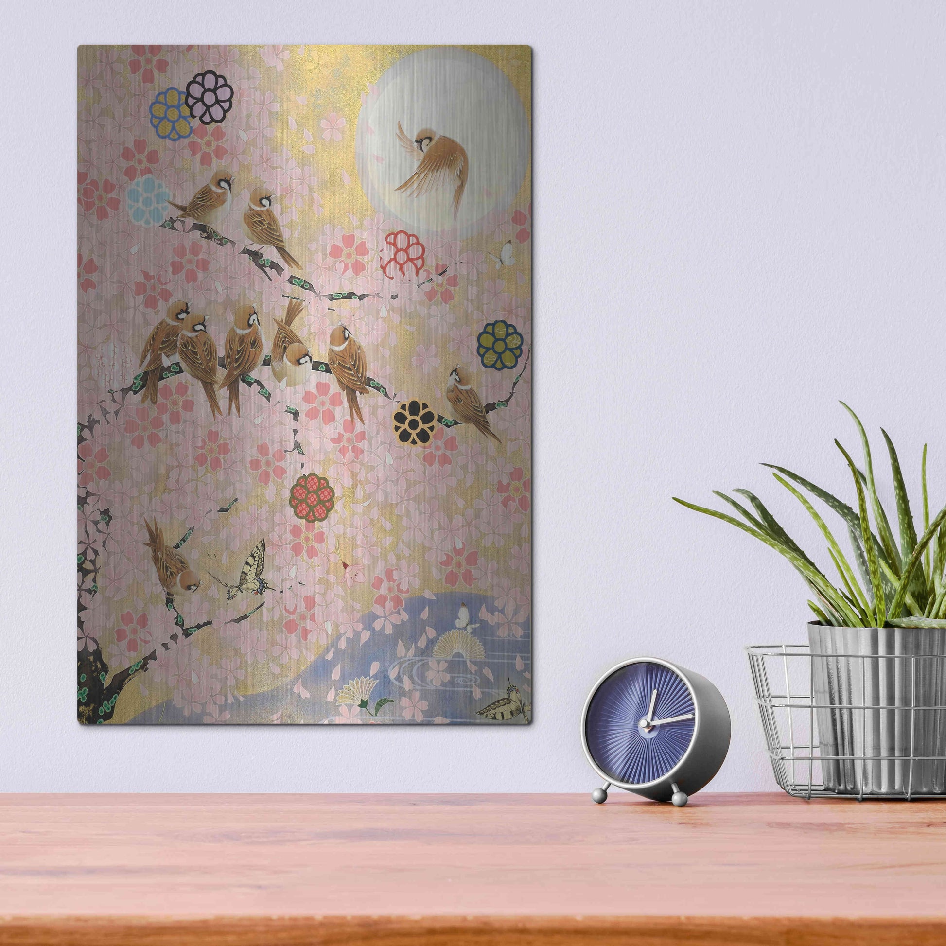 Luxe Metal Art 'Jolly Sparrows' by Zigen Tanabe, Metal Wall Art,12x16