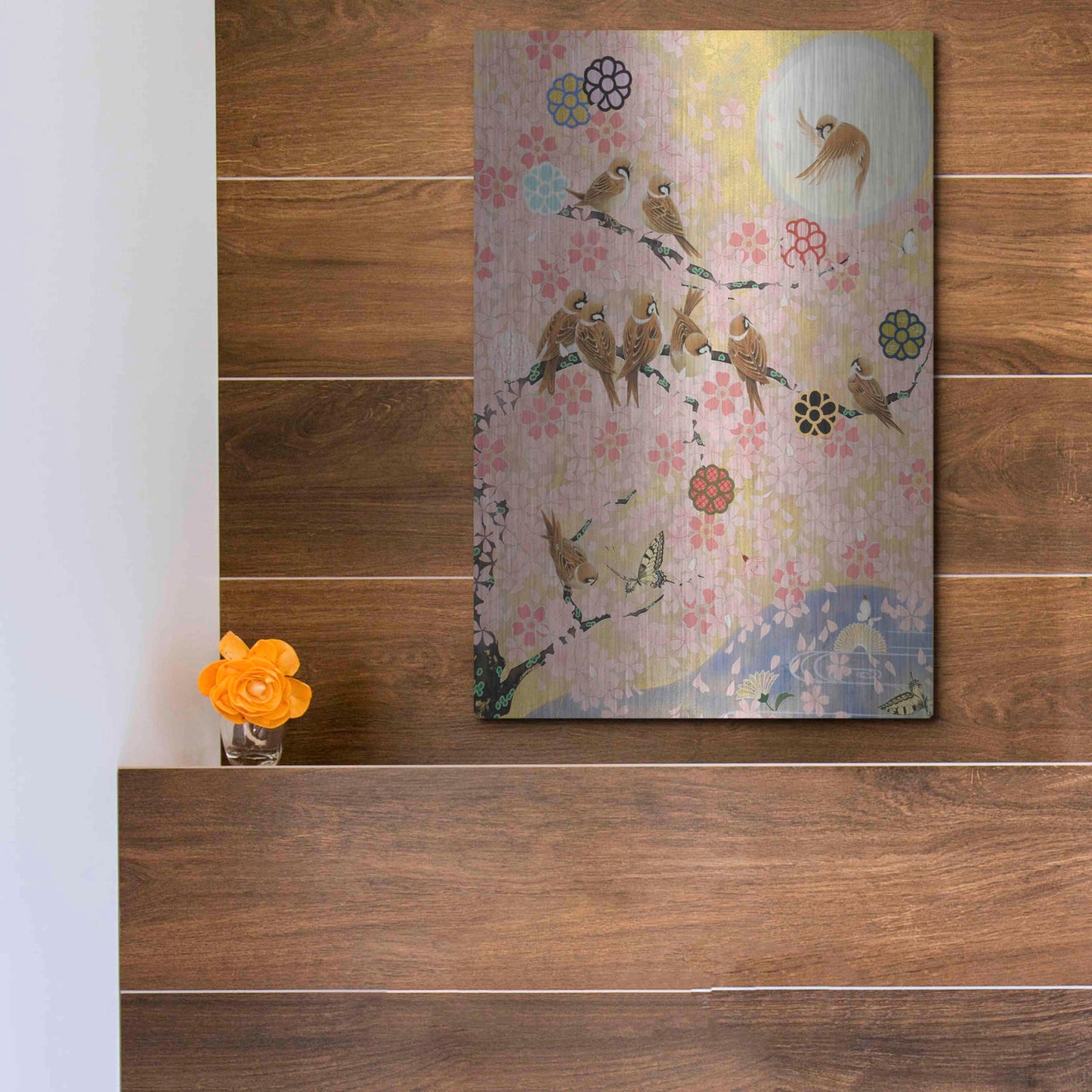 Luxe Metal Art 'Jolly Sparrows' by Zigen Tanabe, Metal Wall Art,12x16